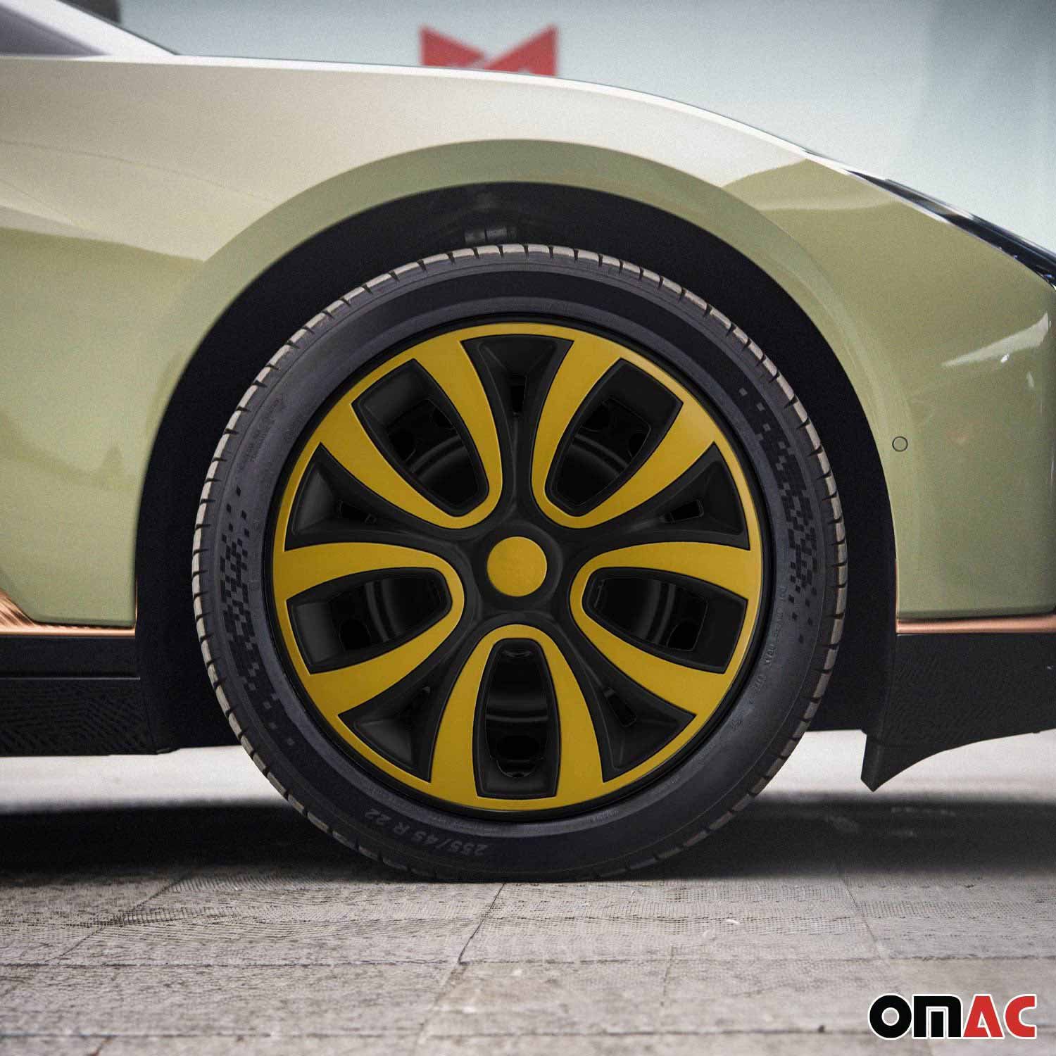 OMAC Wheel Covers 14 inch Black & Yellow 4-piece set, (4-pcs) Easy installation, lightweight, car wash safe