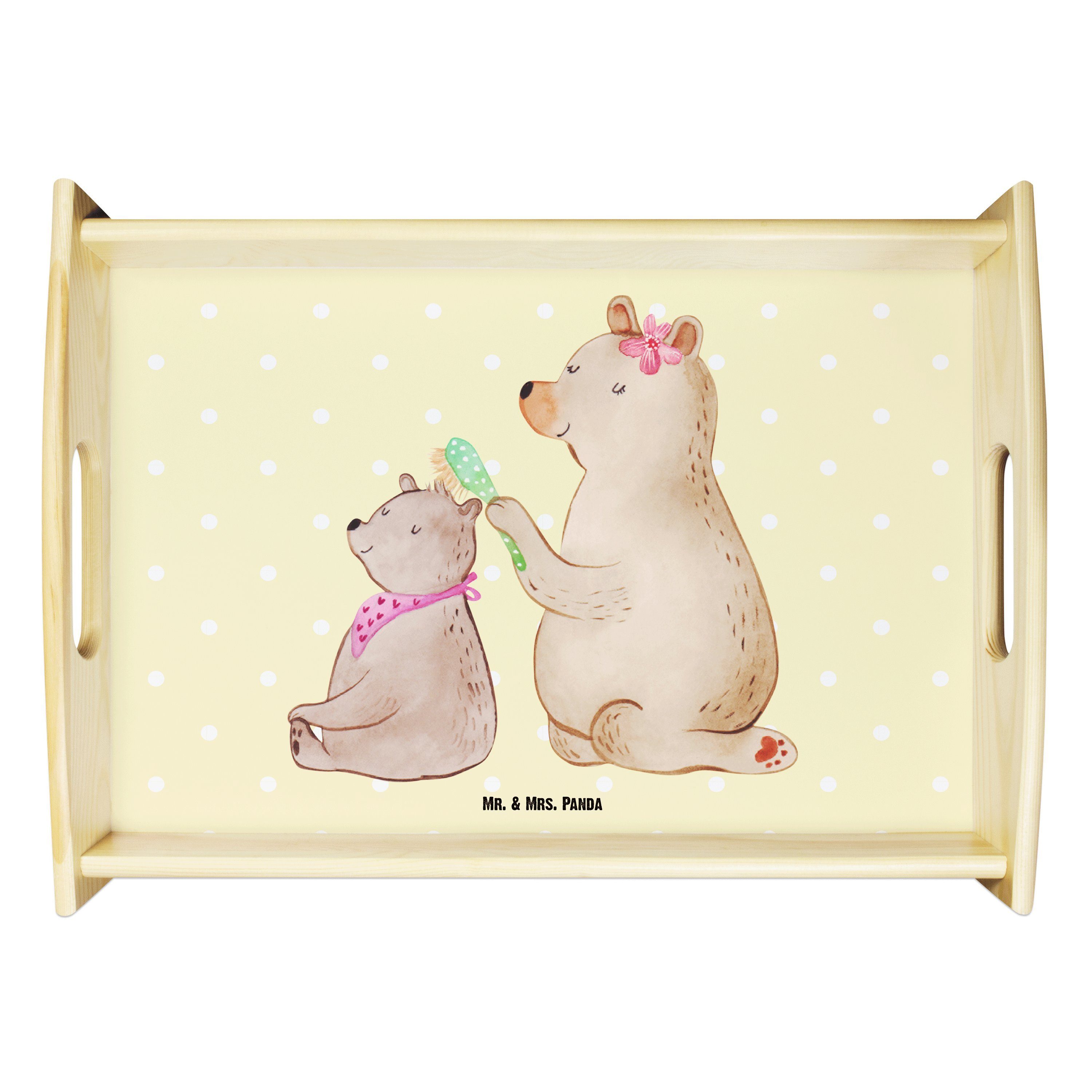Mr. & Mrs. Panda Tablett Bär mit Kind - Gelb Pastell - Geschenk, Frühstückstablett, Dekotablet, Echtholz lasiert, (1-tlg)