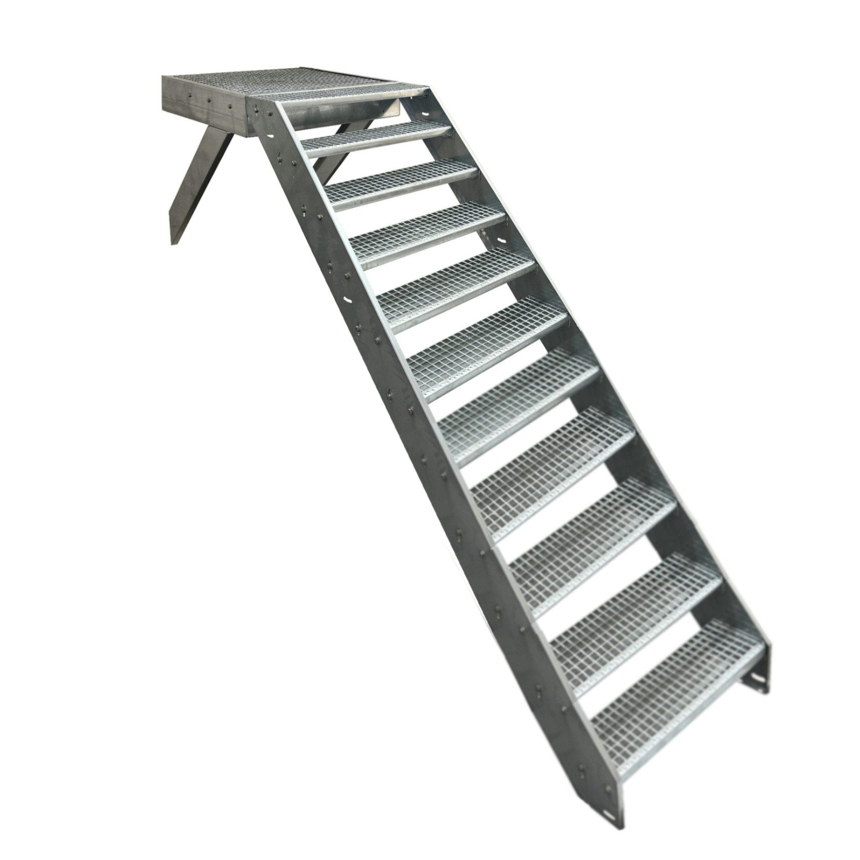 Kaminbau Mierzwa Außentreppe Stahltreppe 11 Stufen Treppen Höhe 209 cm Podest mit und ohne Geländer, für Geschosshöhen bis 209 cm, Stufen Gitterroststufen nach DIN 24531, (Wählbare Treppen Ausrichtung und ob mit oder ohne Geländer), Treppe mit Podest