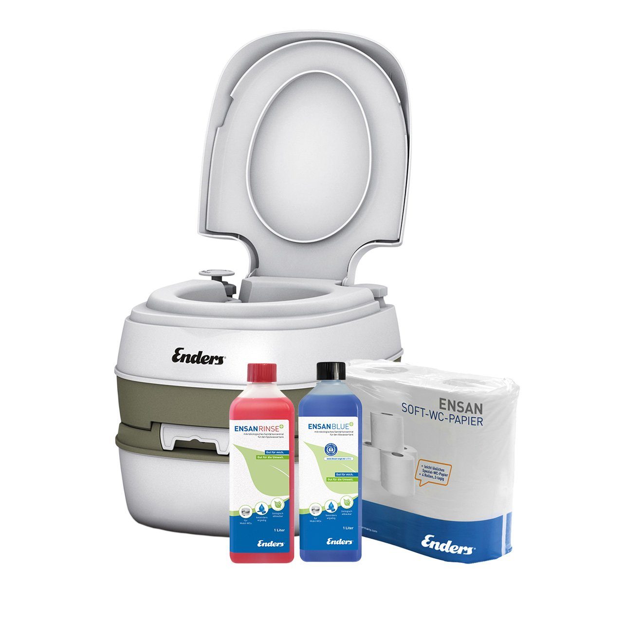 Enders® Campingtoilette SET Comfort small+: Comfort + Rinse+ 1L + Blue+ 1L + WC-Papier, (Spar-Set, 1L Rinse+ + 1L Blue+ + 4 Rollen selbstauflösendes Toilettenpapier), Kolbenpumpe, geringes Gewicht, glatte und hygienische Oberfläche