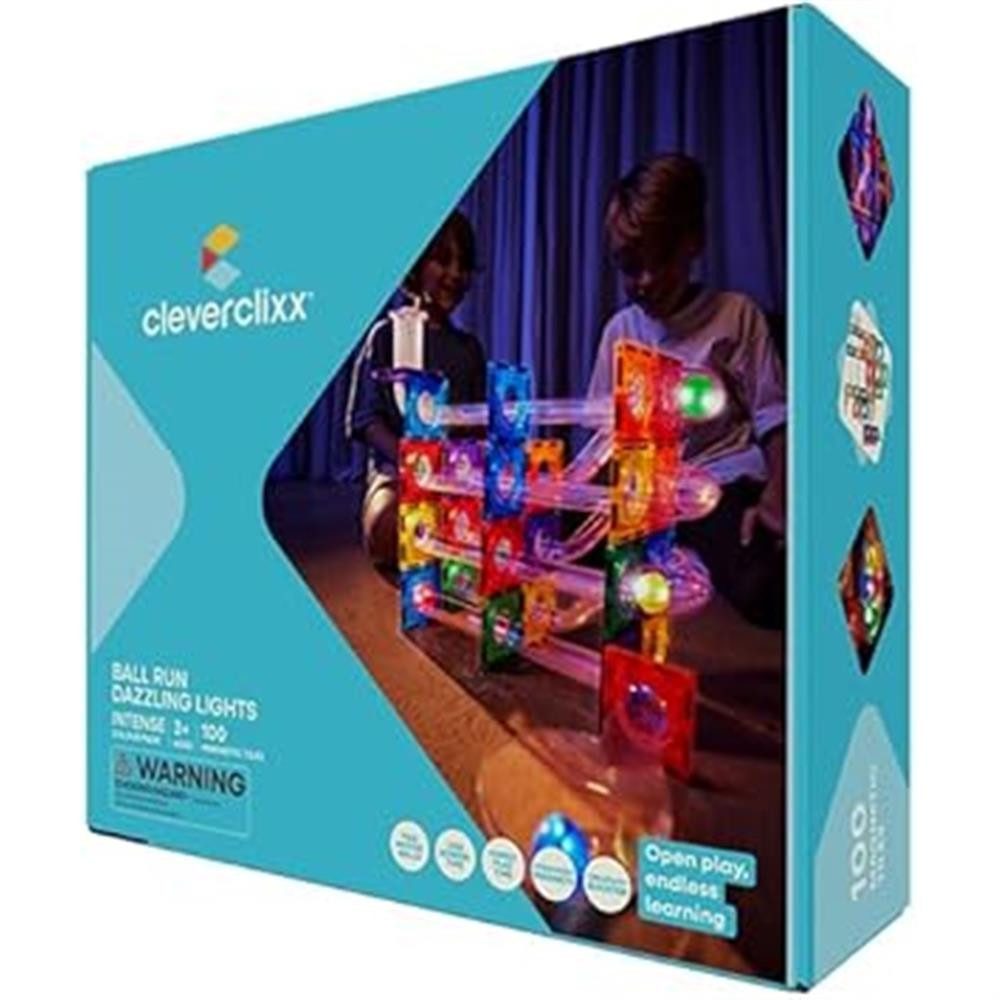 Cleverclixx Cleverclixx Kugelbahn-Lichteffekt-Bausatz in Knallfarben 100 Teile, Magnetspielbausteine, langlebiges Magnetspielzeug, robuste Bauweise, erweiterbar