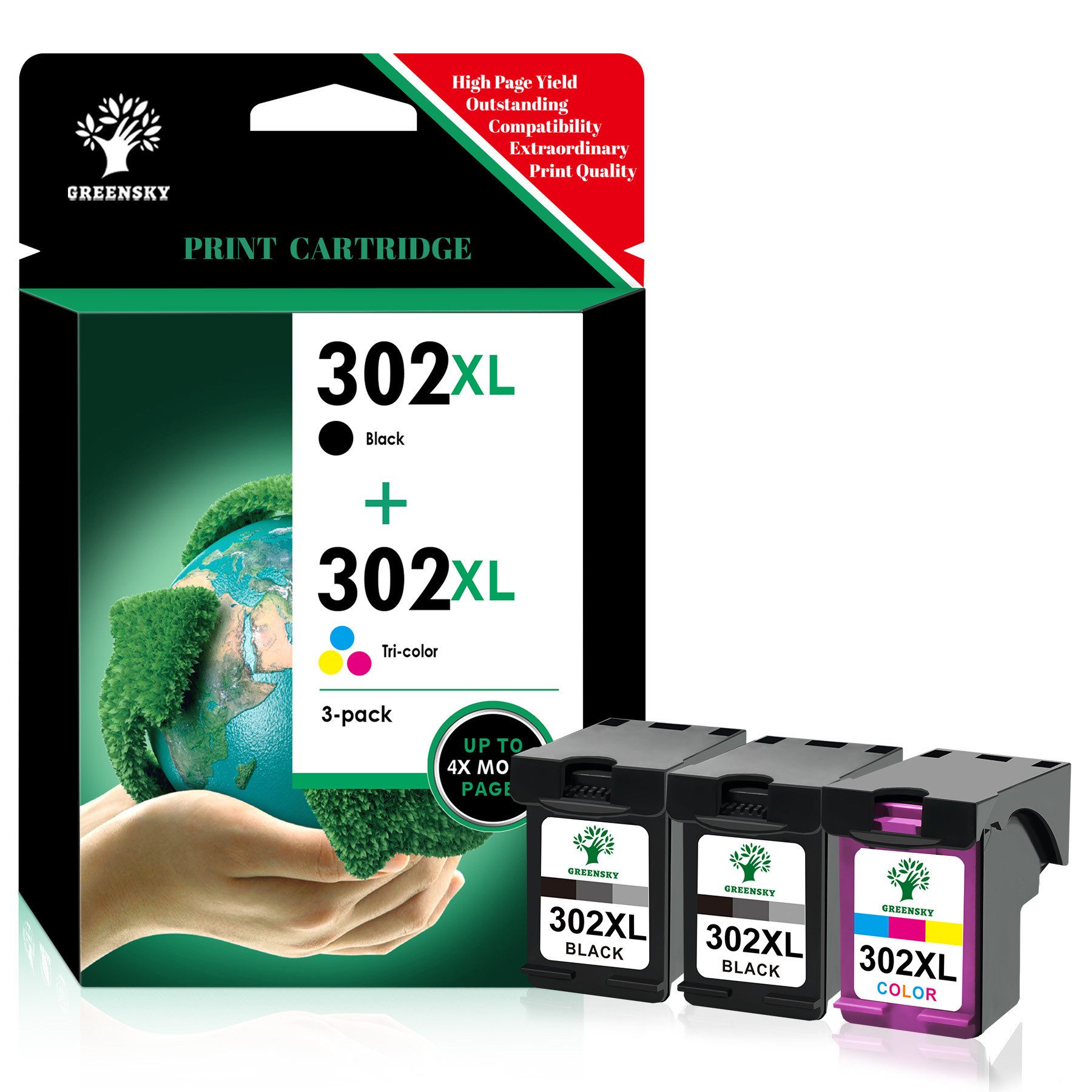 Greensky 2er Druckerpatrone für HP 302 xl Multipack Envy 4525 4520 4527 Tintenpatrone (Deskjet 1110 2130 2132 2134 3630 3632 3633 3634 3636 3638, Officejet 3831 3830 3833 5230 5220)