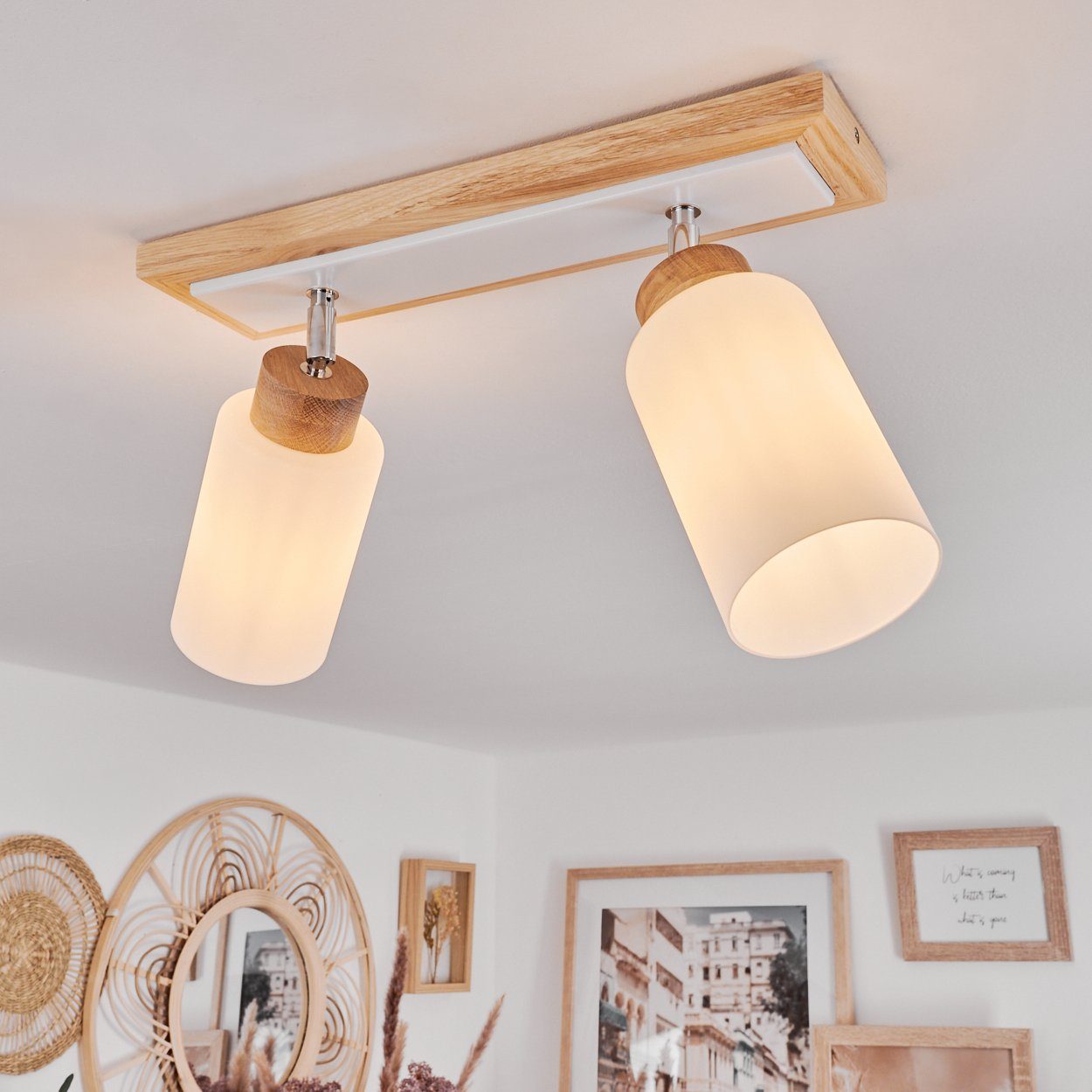 skandinavischen verstellbaren hofstein aus x Deckenlampe Deckenleuchte in Weiß/Chromfarben/Natur, Design ohne im moderne mit Leuchtmittel, E27 2 Schirmen, Metall/Holz/Glas