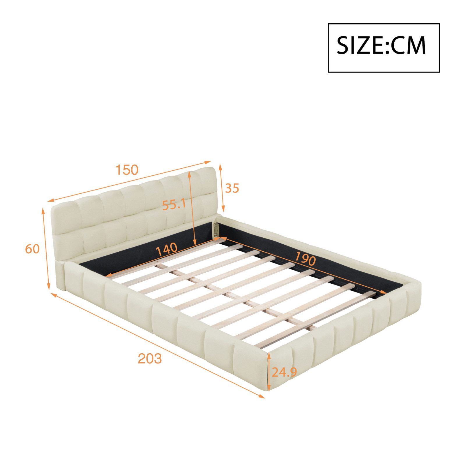 Gdood Polsterbett Doppelbett Jugendbett Futonbett (Futonbett), Mit Bettrahmen und Lattenrost, Leinen-Stoff, 140x190cm