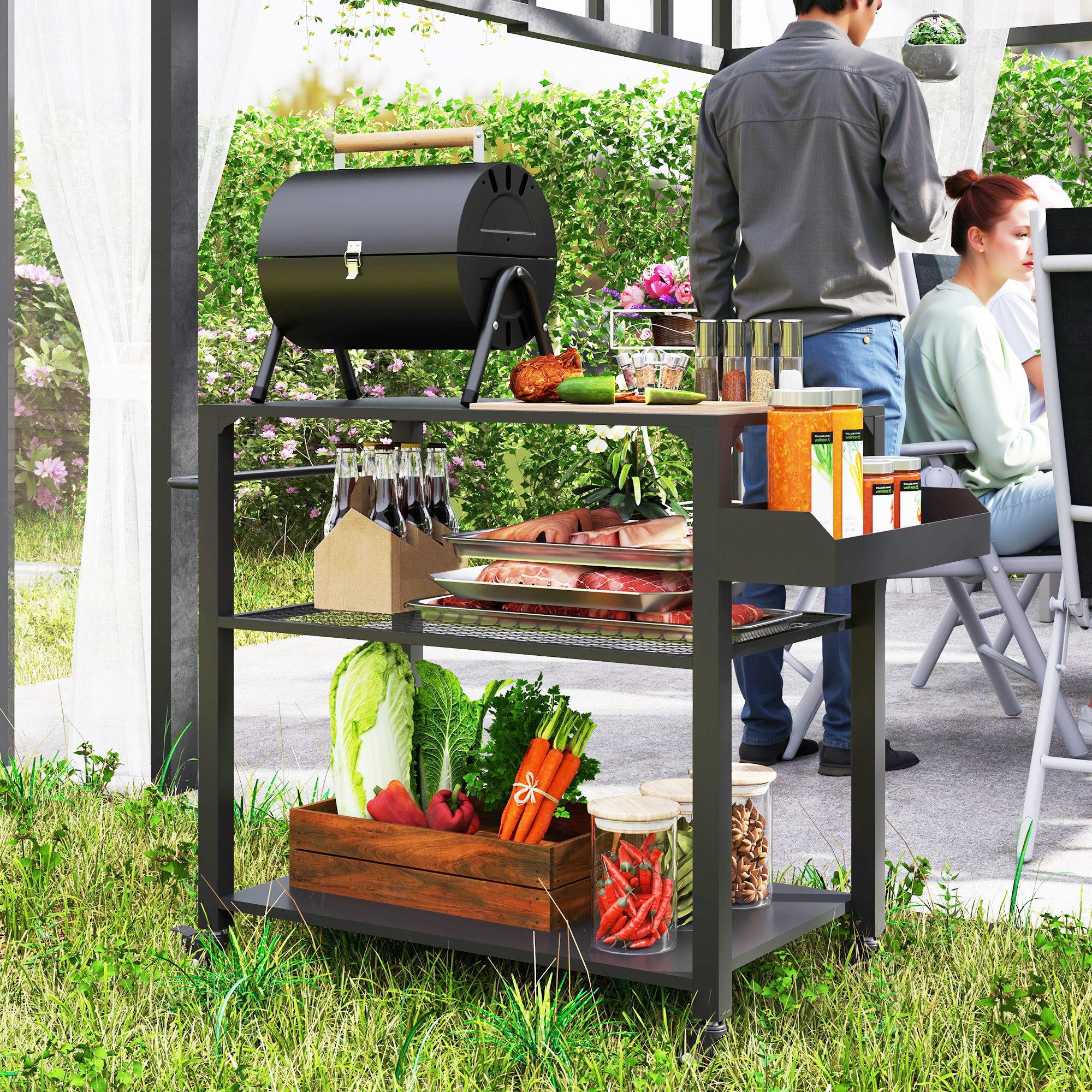 Outsunny Servierwagen 3-Etagen mit Arbeitsfläche Ablagen Räder, aus Edelstahl, (BBQ Grilltisch, 1 St., Grillwagen), für Garten, Terrasse, 105x50x79cm Schwarz
