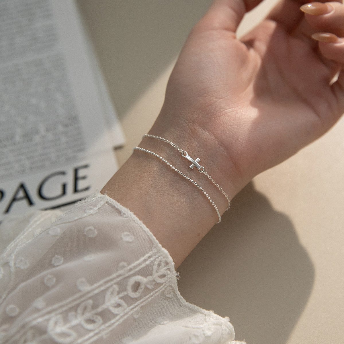 Color Design Armband S925 Silber Armband Damen mit Kreuz Anhänger doppelrei günstig online kaufen
