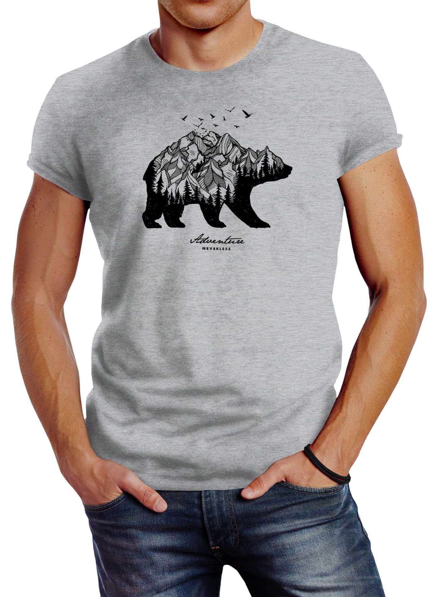 Neverless Print-Shirt Herren T-Shirt Bär Wald Slim Berge Bear Adventure Fit mit Print Neverless® Mountains Abenteuer grau