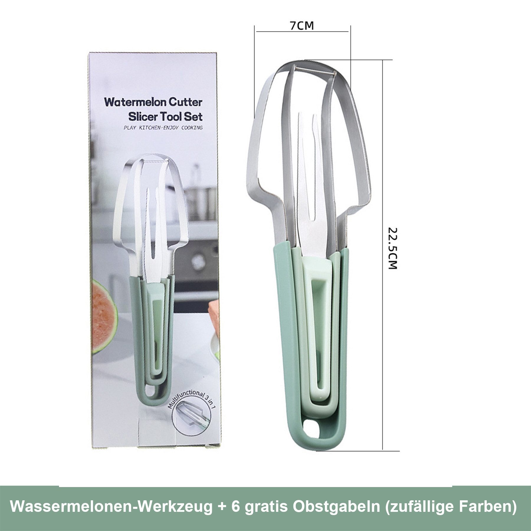 Mutig Obstschneider schneider,Melonenschneider Edelstahl,Wassermelonen Schneider, (3in-1 Wassermelonen-Gabelschneider,Melonen Würfel Wassermelonen Messer, Obst Schneidwerkzeug für Papaya, Drachenfrucht,Cantaloupe), Perfekt für Zuhause, Partys und Camping, Küchenhelfer für Obst