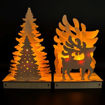 Online-Fuchs LED-Dekofigur als 2er Set Weihnachtsfiguren Rentier und Tannenbaum (Weihnachts-Deko, Farbe: warmweiß oder Farbwechsel einstellbar), aus Holz, mit 6-Stunden-Timer, Maße (HxBxT) ca. 25x15x7 cm