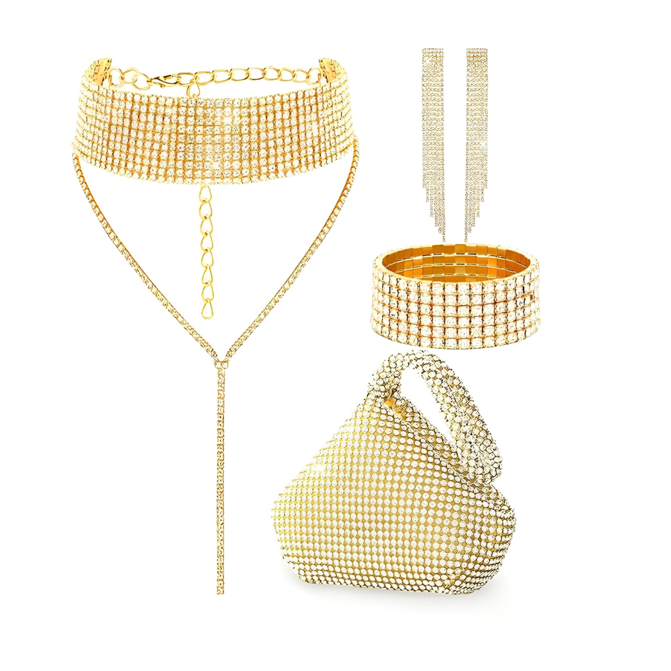 ibettertec Schmuckset Damen Glitzer Clutch Strass Abendtasche Brautschmuck Set Geldbörse (Braut Handtasche Hochzeit Party Unterarmtasche Umhängetasche Schultertasche mit Schulterkette,Tropfenförmig/quastenförmig sind zwei Formen erhältlich,Choker Halskette Ohrringe Glitzer Armband Abschlussball Schmuck Set Damen Hochzeitsschmuck Braut Das perfekte Geschenk für Frauen, 4-tlg., Ein unverzidhtbares Schmuck-Outfit fur den Sommer), Perfekt für jeden Anlass, für jeden Hautton