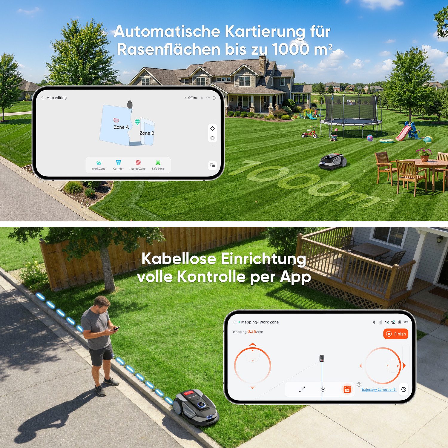 Sunseeker Rasenmähroboter S4, bis 1000 m² Rasenfläche, (Packung), 3D LiDAR + Vision, KI Kartierung, 42% Steigung, App-Steuerung