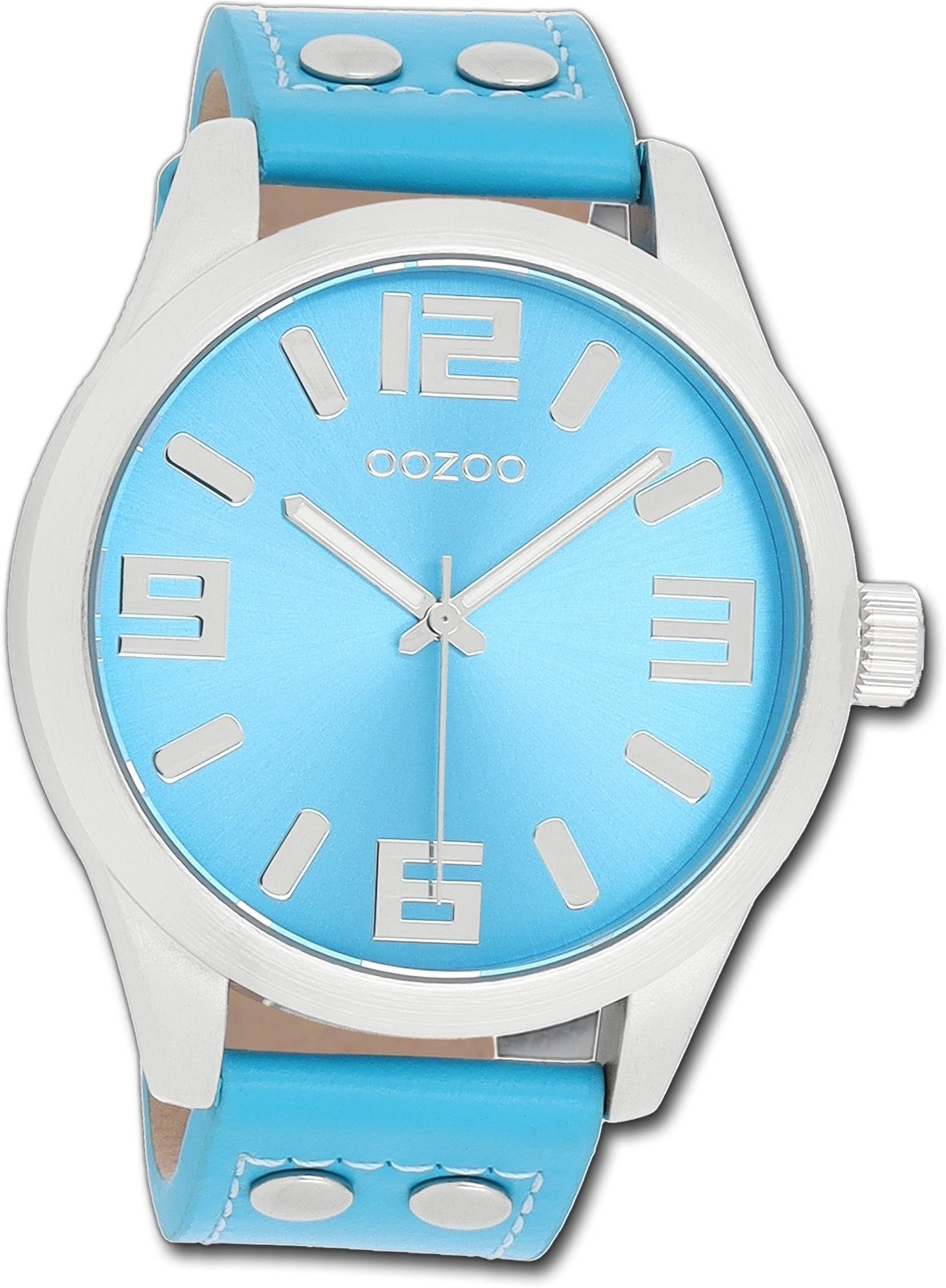 OOZOO Quarzuhr Oozoo Damen Armbanduhr Timepieces, Damenuhr Lederarmband  hellblau, rundes Gehäuse, extra groß (ca. 46mm)