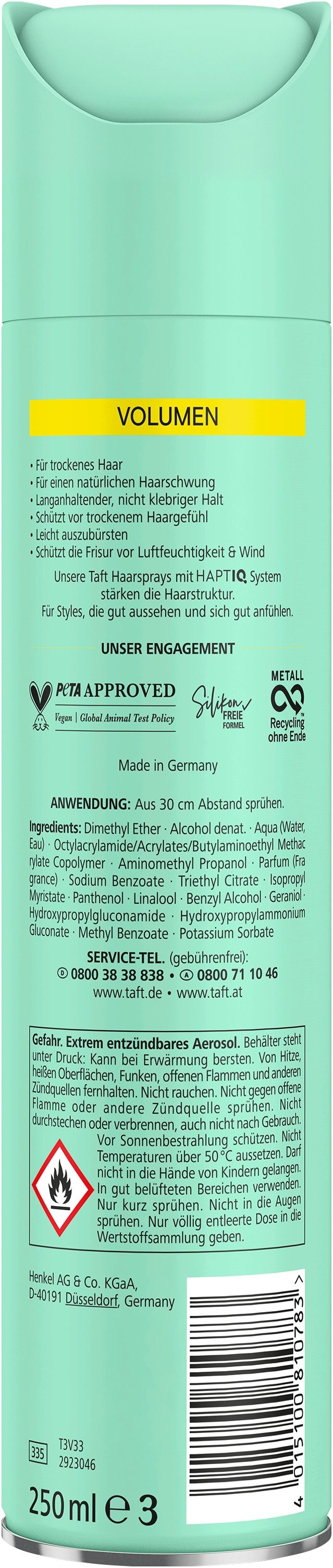 Taft Haarspray Volumen-Haarspray für trockenes Haar, Vergan, 250 ml, 1-tlg., HaptIQ System