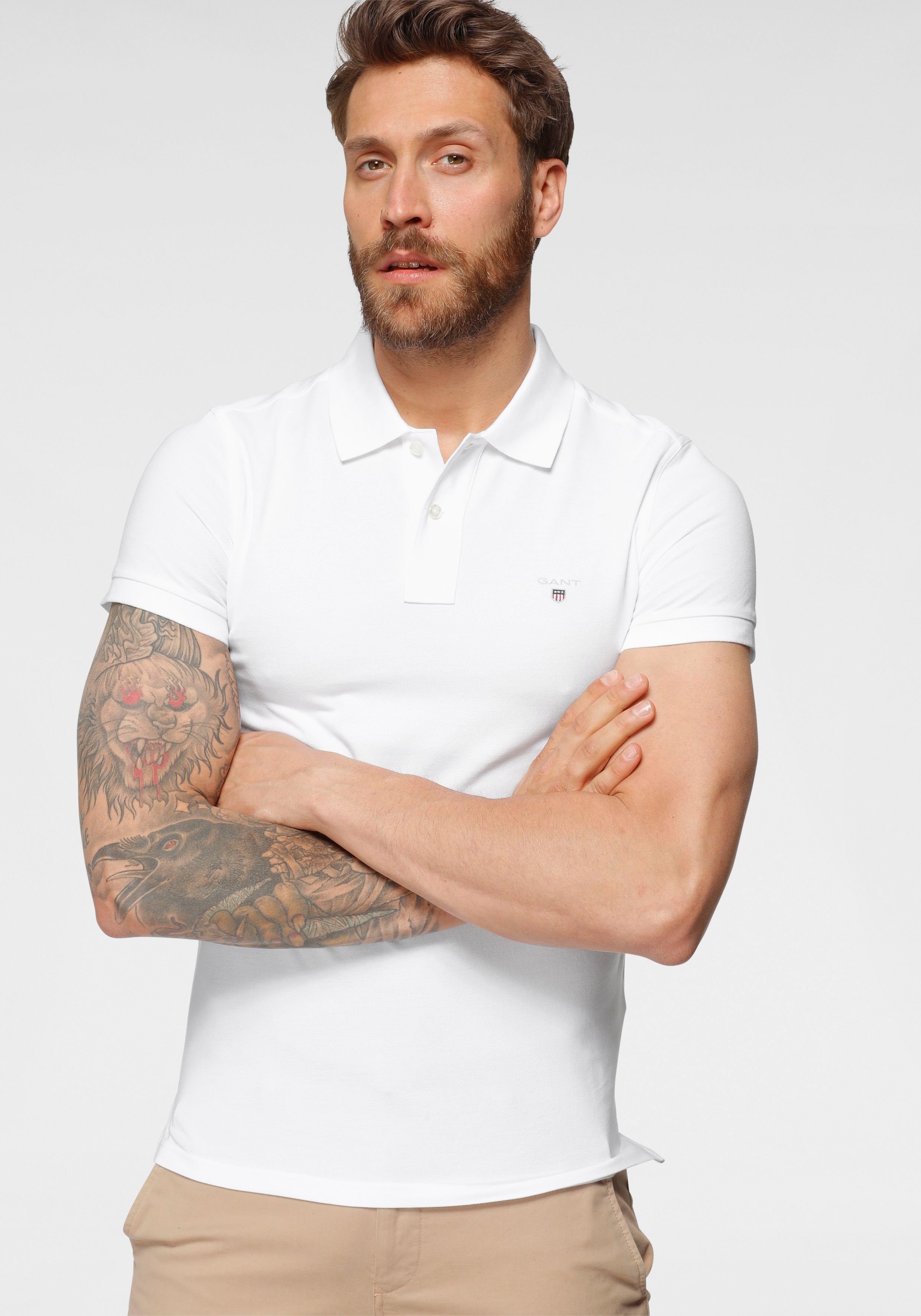 Gant Poloshirt ORIGINAL SLIM white am RUGGER SHORT PIQUE Knopfleiste Ausschnitt mit