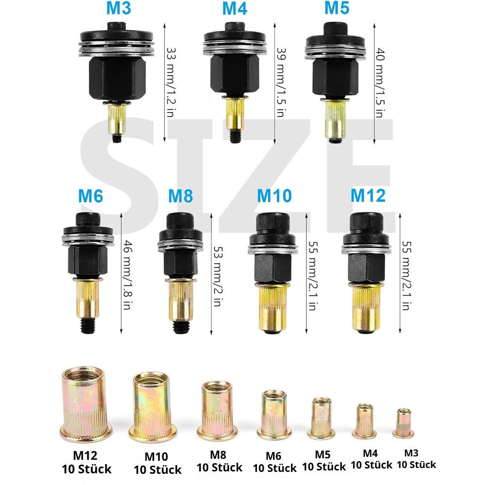 QUBEBU Blindniete Nietenzange Nietmuttern, Nieten Set mit Werkzeug Dorn für M3 - M12, (Handnietwerkzeug Set, Rivet Nut Tool Entworfen für Enge Räume, 77 St., Verwendet für Metallplatten, Rohre usw), M3/M4/M5/M6/M8/M10/M12-Muttern