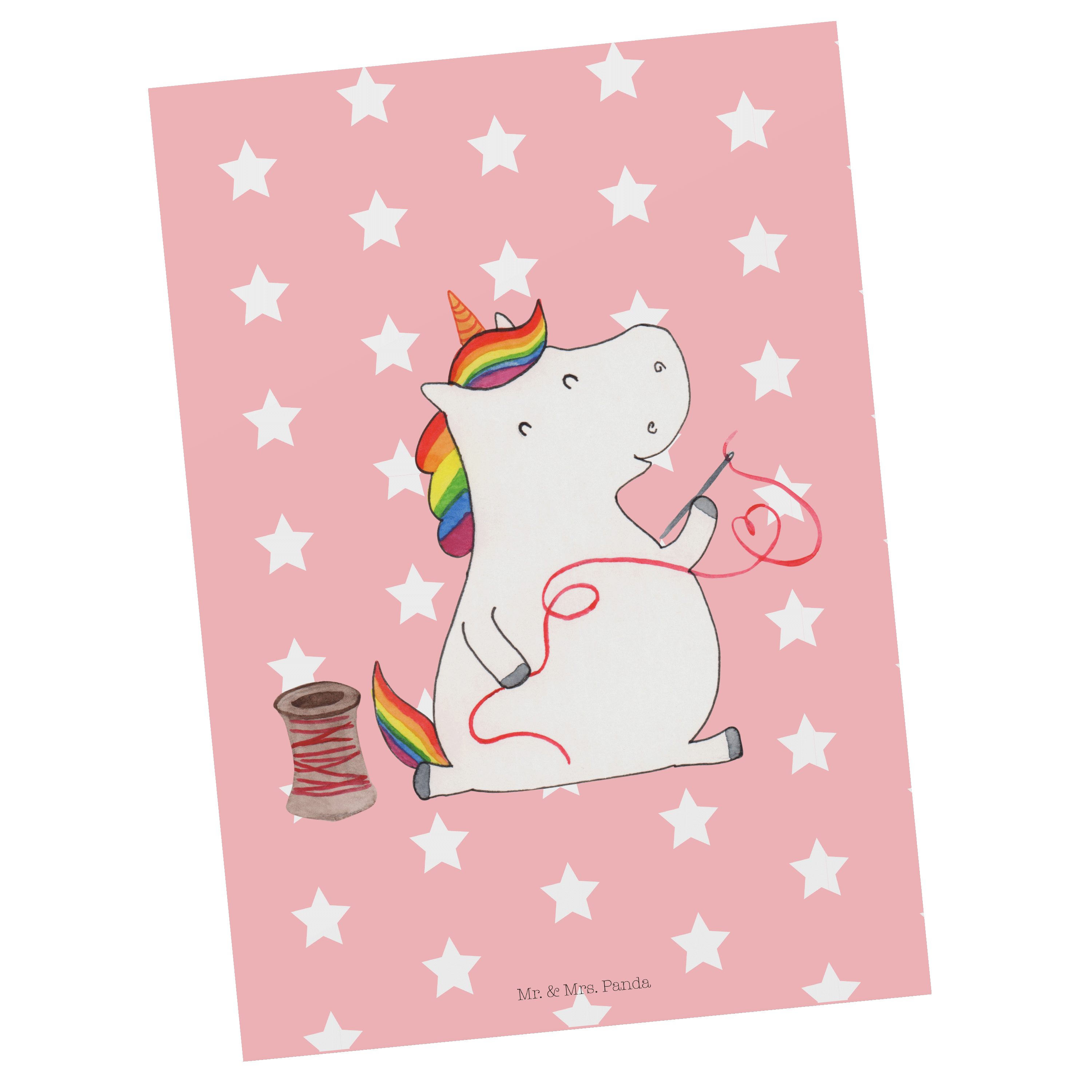 Mr. & Mrs. Panda Postkarte Einhorn Näherin - Rot Pastell - Geschenk, Einladungskarte, Unicorn, A