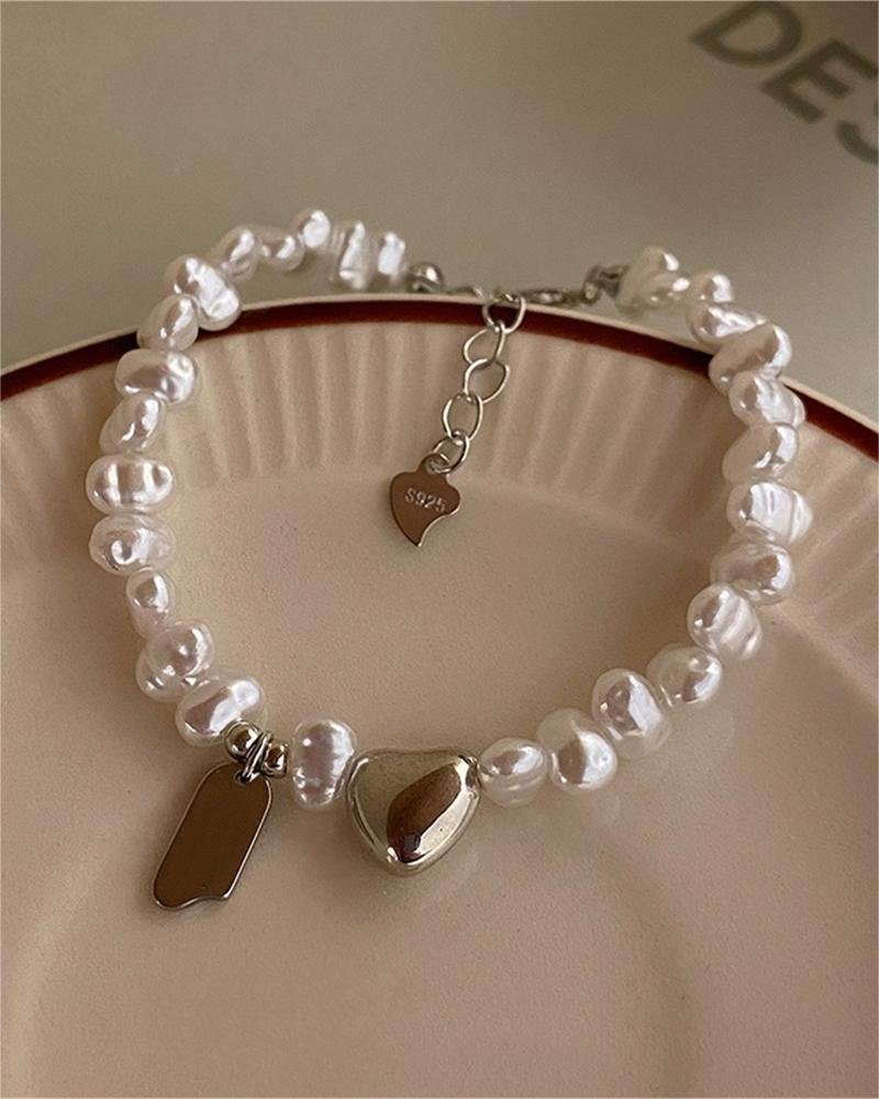 Rouemi Armband Damen Faux Perle Armband mit Herz Charme, einfache Mode-Armband