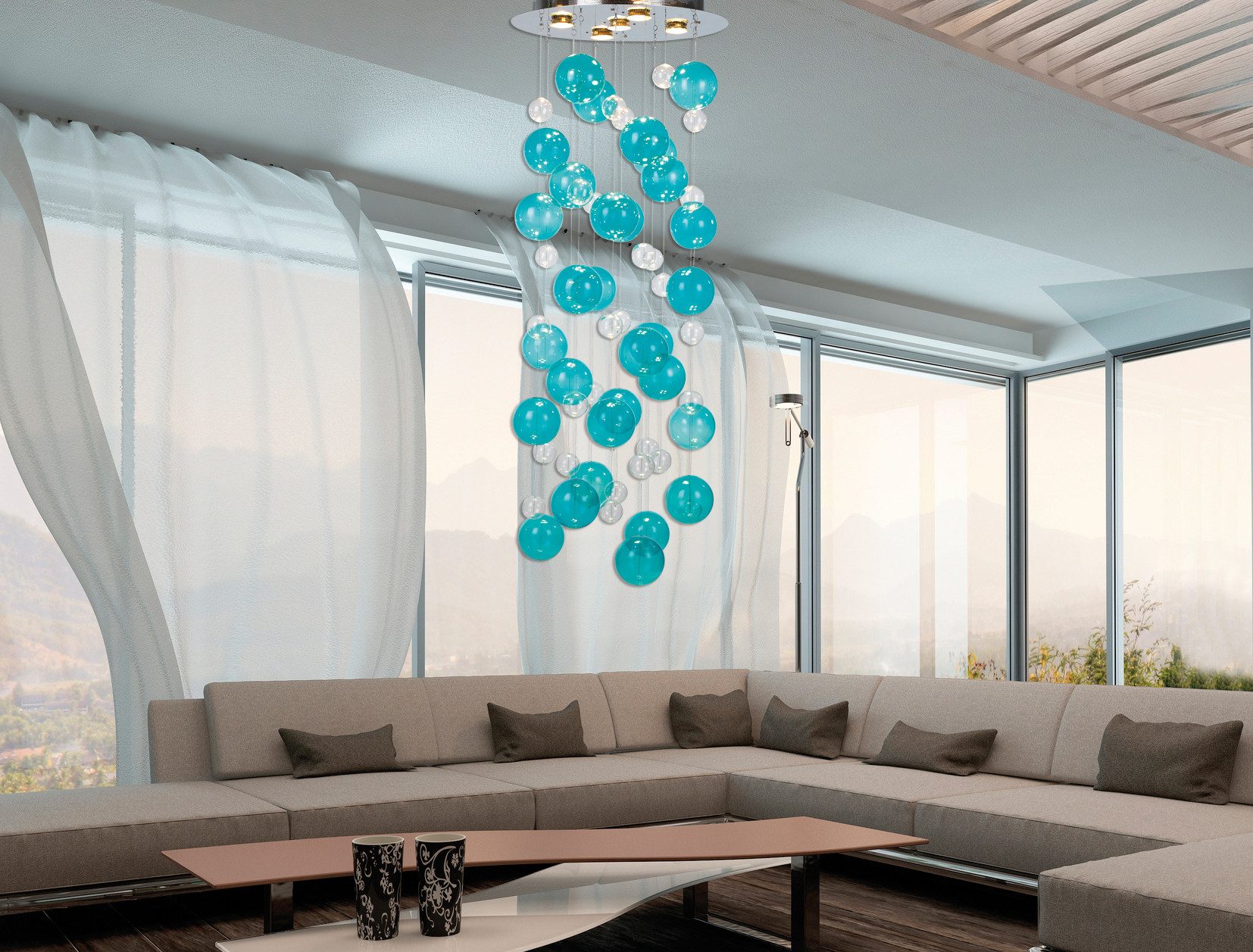 näve LED Pendelleuchte Explosion, LED wechselbar, Warmweiß, kleine und große bunte Glaskugeln, inkl. GU10 Leuchtmittel warmweiß