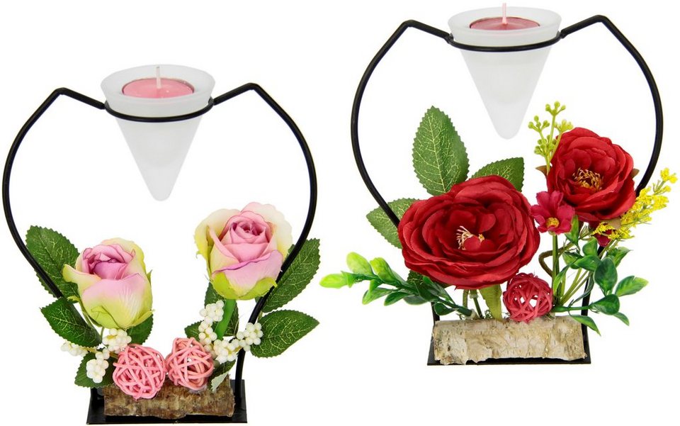 I.GE.A. Teelichthalter Rose (Set, 2 St), Glas, Metall, Kunststoff, rot/rosa