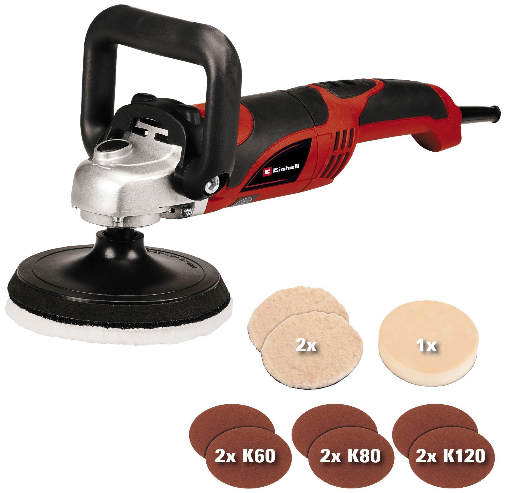 Einhell Poliermaschine CC-PO 1100/150 E, (Set, 10 tlg., inkl. umfangreichem Polier- und Schleifzubehör), Polieren und Schleifen in einem Gerät, max. 3500 U/min, inkl. Koffer