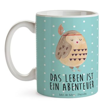 Mr. & Mrs. Panda Tasse Eule Federschmuck - Türkis Pastell - Geschenk, Becher, Abenteuer, Wal, Keramik