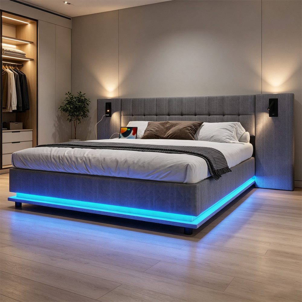 REDOM Polsterbett mit LED-Leiste & USB, Kopfteil mit Spotlicht (Leinen-Doppelbett, 180x200 cm), ohne Matratze