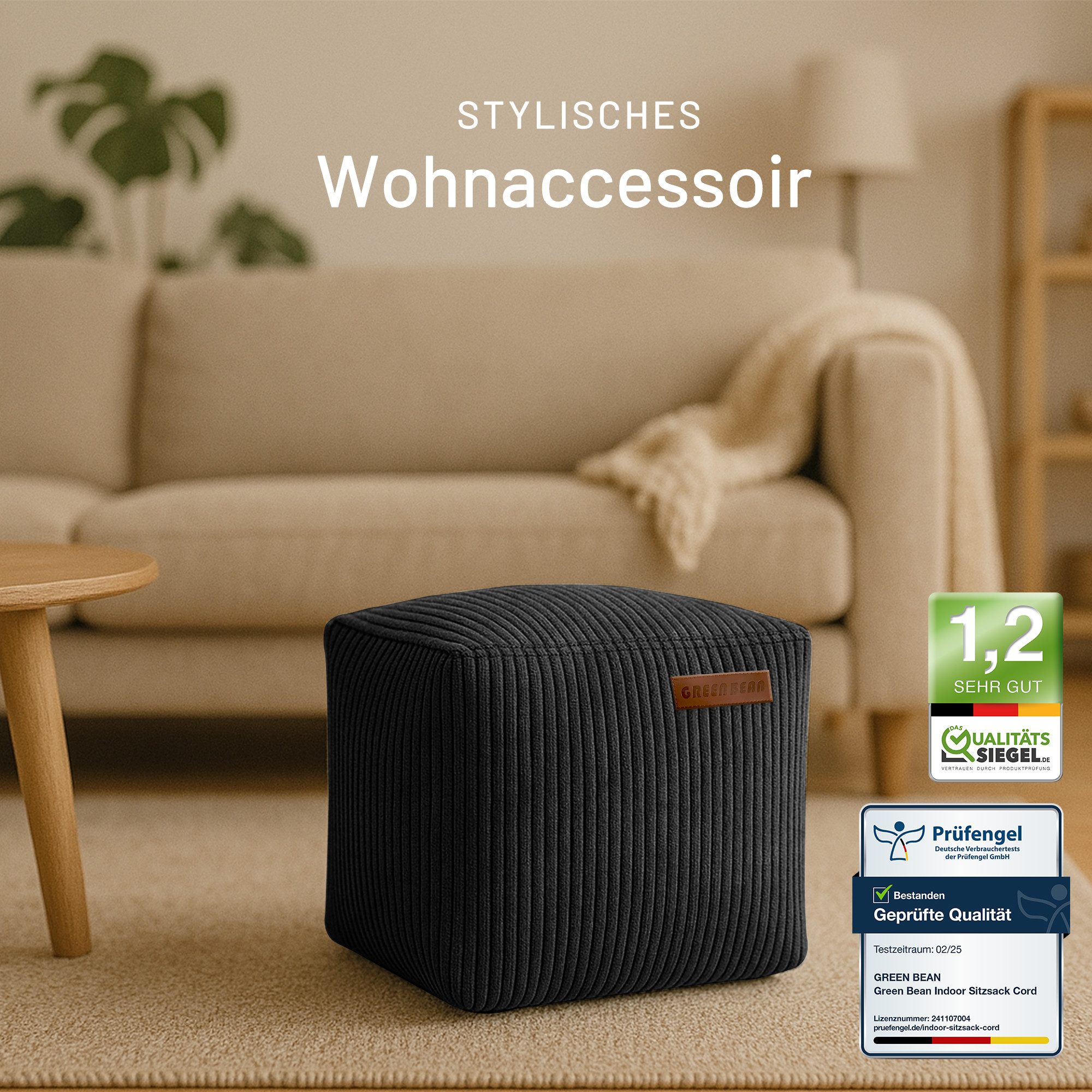 Green Bean Pouf Cube Cord (Indoor Sitzhocker Sitzkissen Fußhocker Relax-Sessel, Made in Germany), die ideale Ergänzung zum Sitzsack – Bild 4 von 5