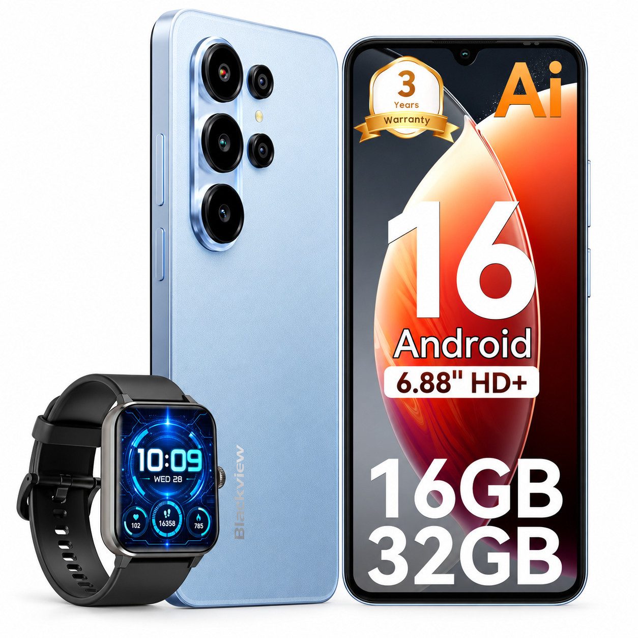 blackview WAVE10C Android 16, incl. R50, 5000mAh 32MP 6GB+128GB Dual SIM Smartphone (6,88 Zoll, 32 GB Speicherplatz, 32 MP Kamera, WiFi 5, Dual SIM 4G, Android 16)