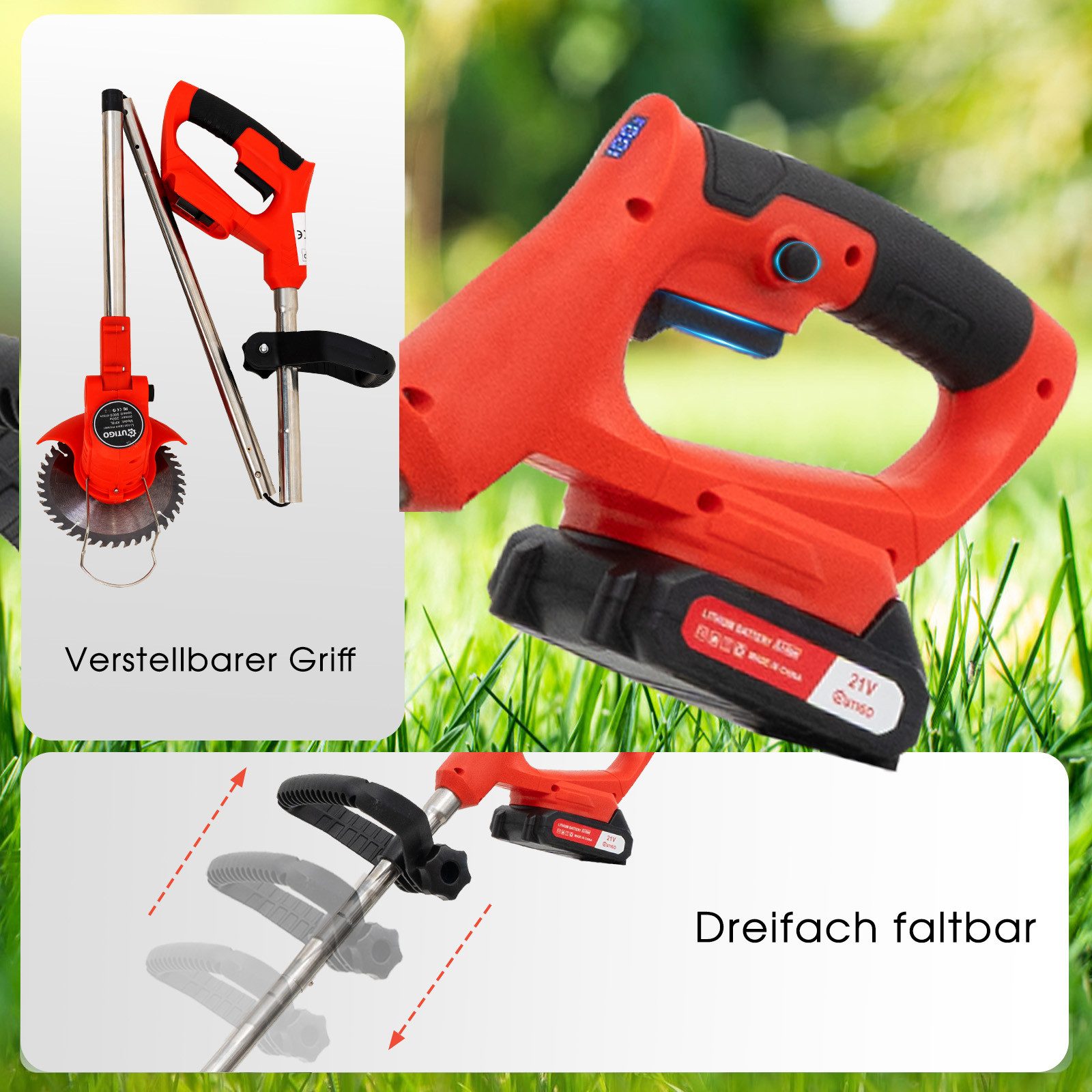 OUTIGO Akku-Rasentrimmer Rasentrimmer mit Akku, lektrischer Rasentrimmer mit 4 Messertypen, Zwei 21-V-Batterien, vier Messer, dreifach klappbarer Rasenmäher.