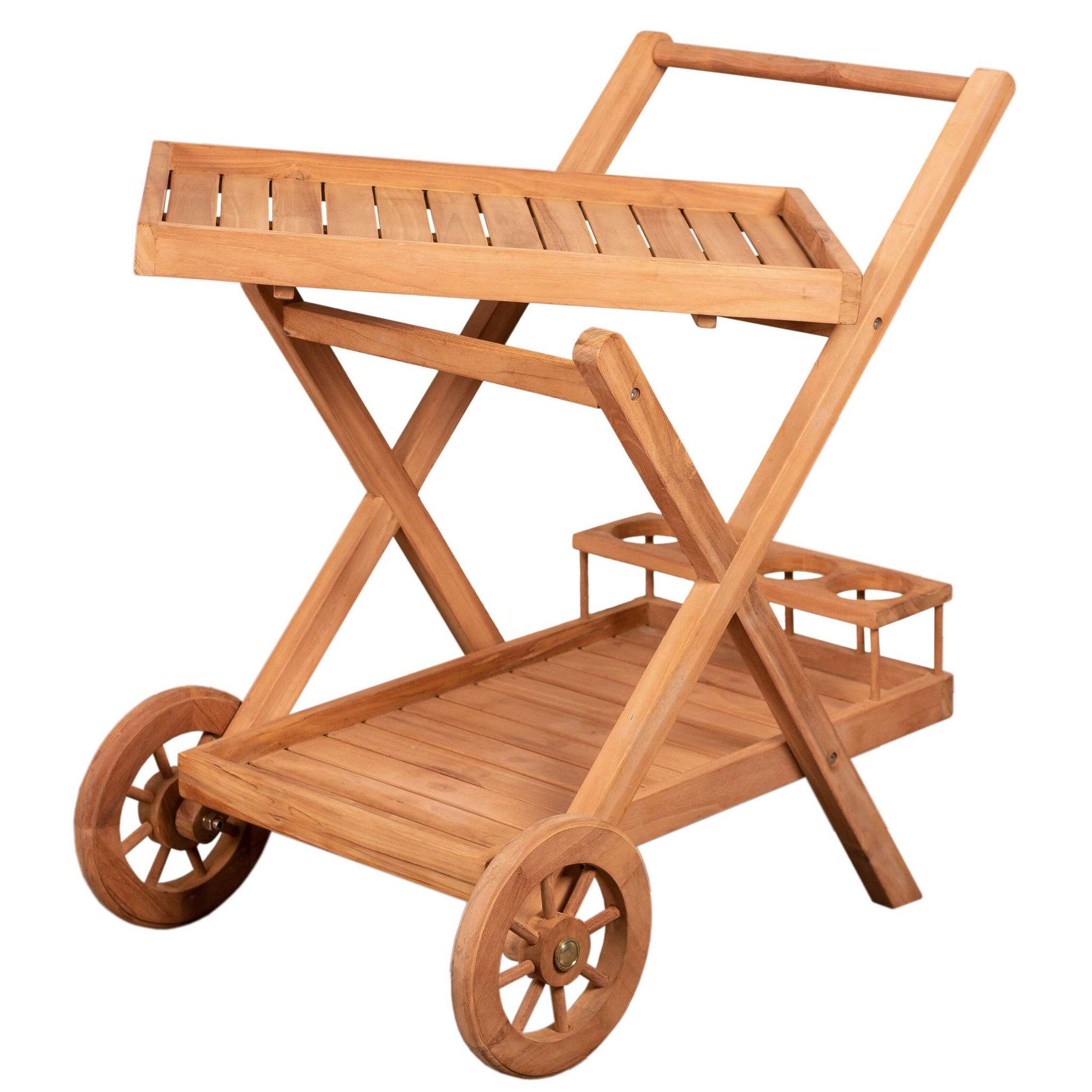 bene living Servierwagen Chester mit Rollen - Teakholz, (Servierwagen mit Flaschenhalter und Ablageflächen, Servierwagen), mit Flaschenhalter, Rollen und Ablageflächen aus Teakholz