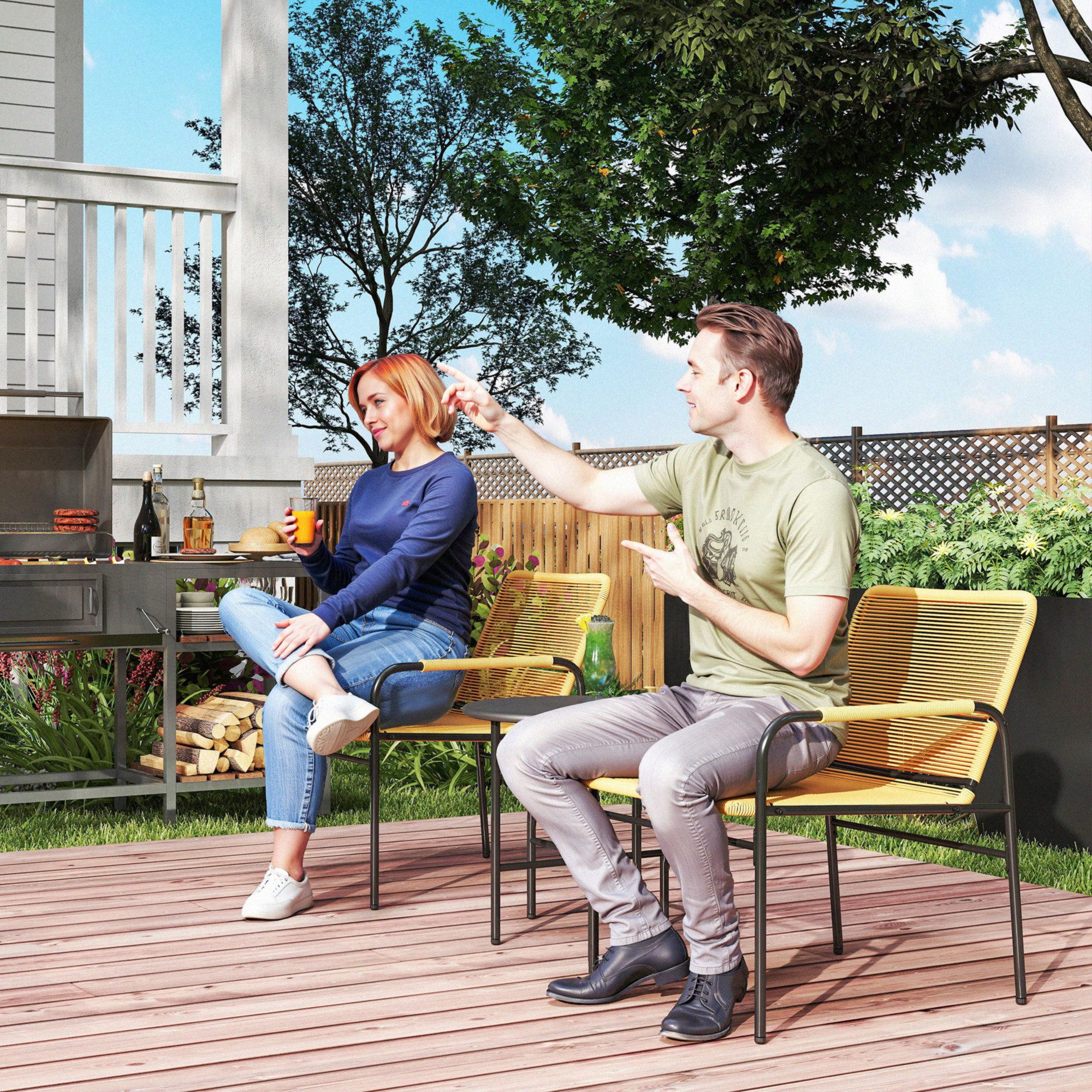 Outsunny Sitzgruppe Rattan Bistroset, Gartengarnitur mit 2 Gartensesseln, Couchtisch, (3-tlg. Rattan Bistroset, 3-tlg., Gartengarnitur), für Garten, Terrasse, Stahl, Gelb