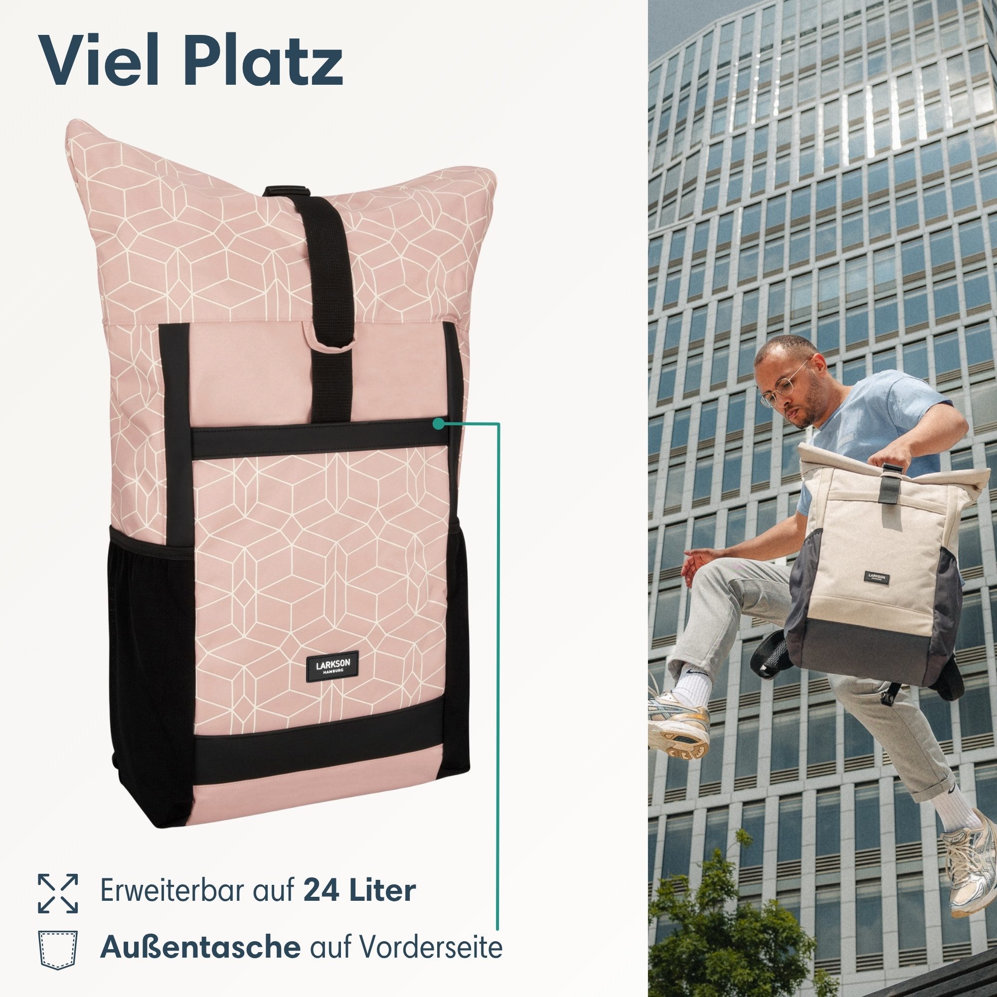 LARKSON Cityrucksack No 2, Rolltop Damen Herren, Laptop Fach (1-tlg), Wasserabweisend