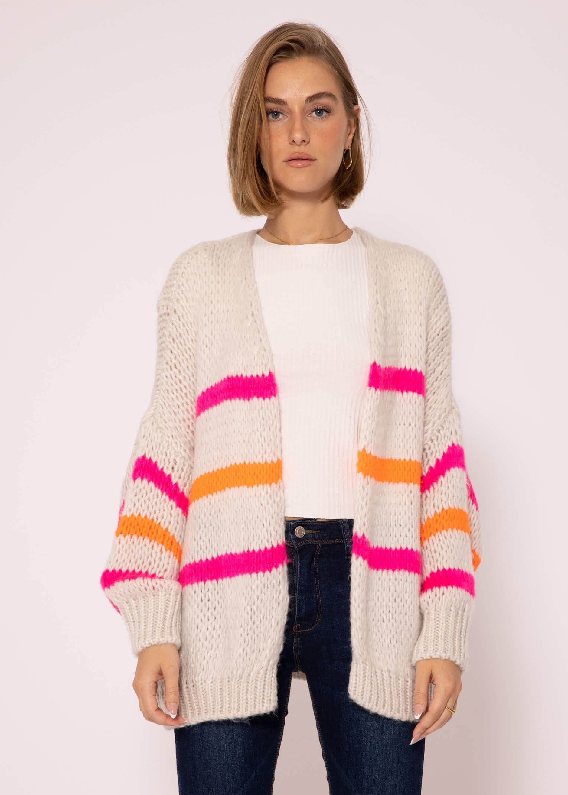 weichem Cardigan SASSYCLASSY Streifen, Offwhite, Italy Cardigan Strickjacke Made Lässiger Oversize Strick mit Damen Grobstrick Pink aus in