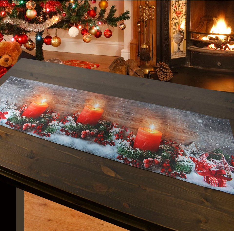 Delindo Lifestyle Tischläufer Kerzenschein, gedrucktes Design, blickdichter  Stoff, mit LED-Beleuchtung
