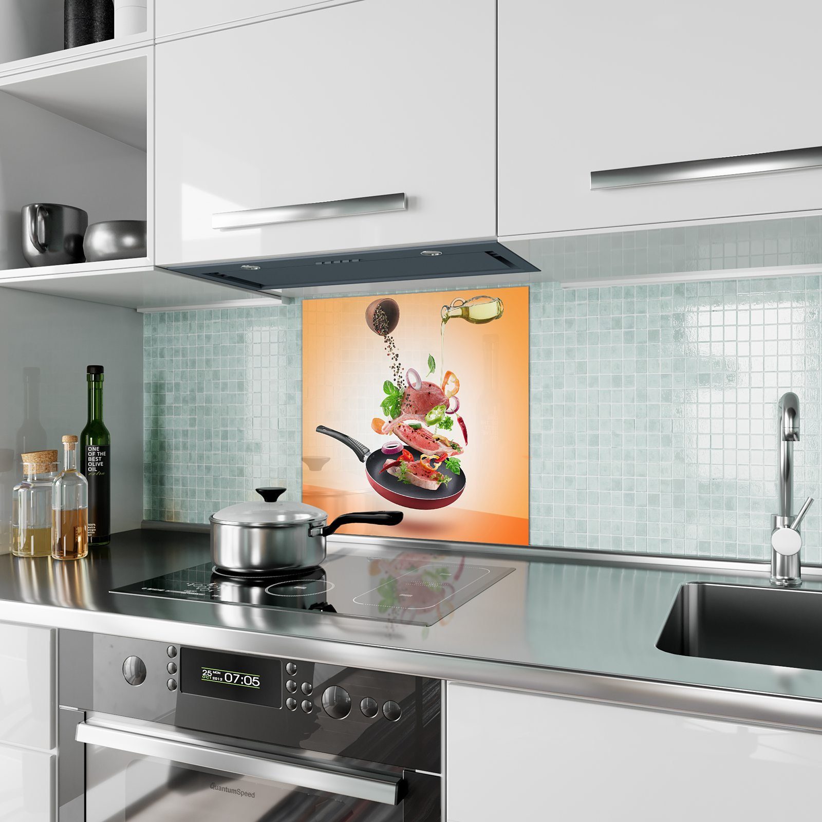 Spritzschutz Küchenrückwand mit Primedeco Motiv Fleisch Küchenrückwand Glas und Pfanne