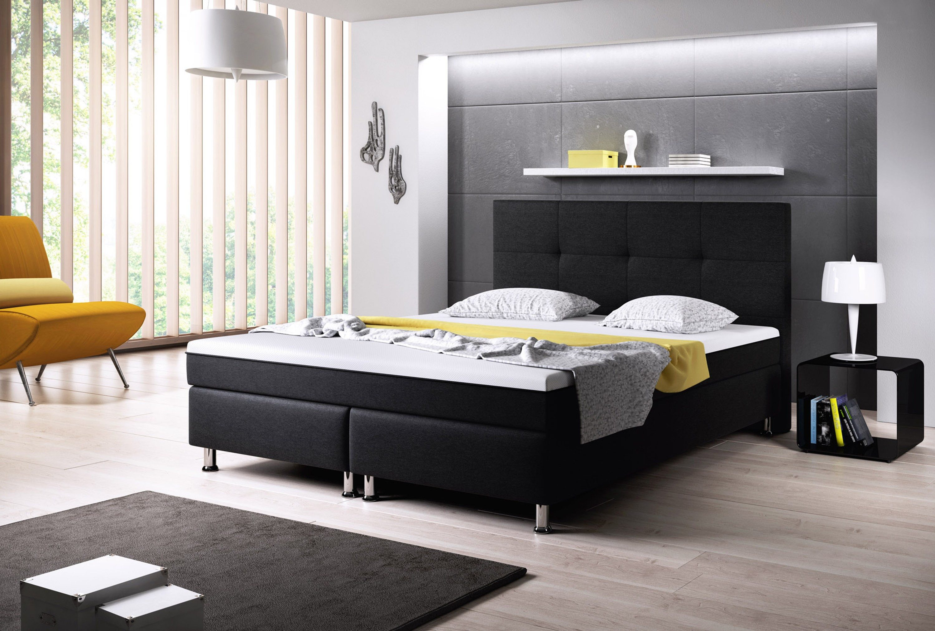 inter Boxspringbett Dallas 180x200 cm Webstoff mit 7 Zonen TFK und Topper-Optik (180x200 cm, Schwarz inkl. 7 Zonen Taschenfedernkernmatratzen mit Topper-Optik), Taschenfederkern-Komfort, gepolstertes Kopfteil, inklusive Matratzen