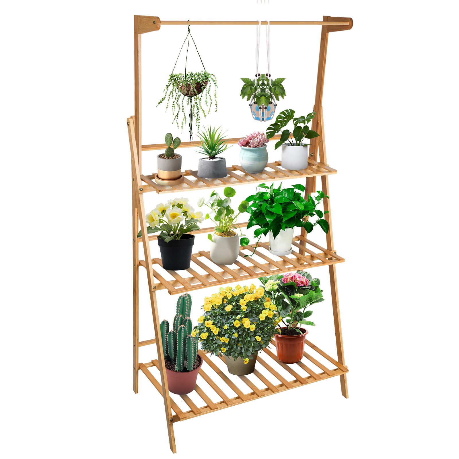 JEOBEST Blumenständer Pflanzentreppe Pflanzenständer Blumentreppe Klappbar, aus Bambus, Höhe 141cm, Hängepflanzenständer