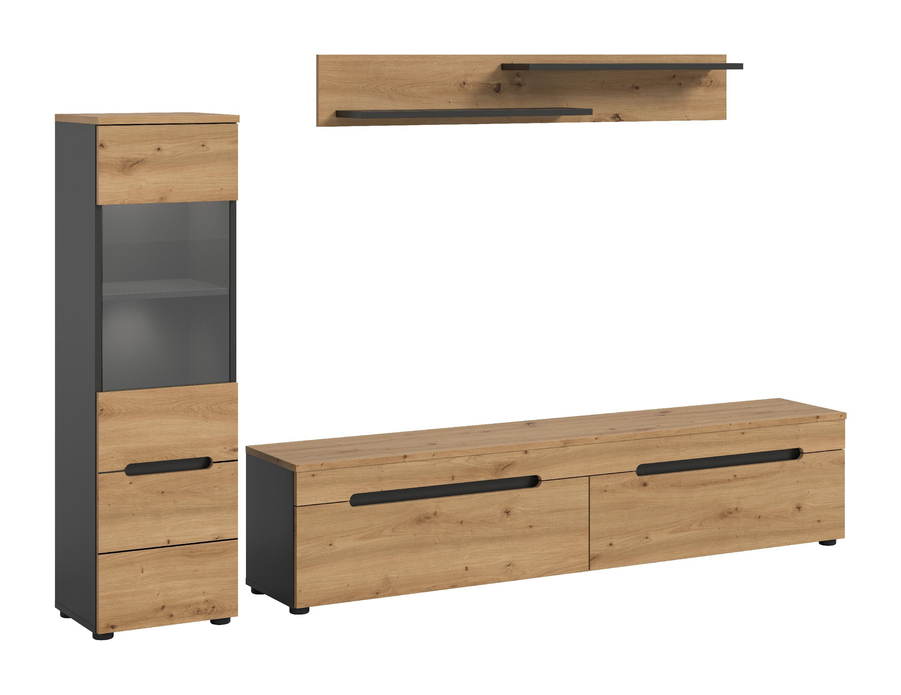 xonox.home Wohnwand Canu, (3tlg. Set inkl. Vitrine, Lowboard, Wandboard), Basalt grau Melamin beschichtet modern 221x141x33 cm