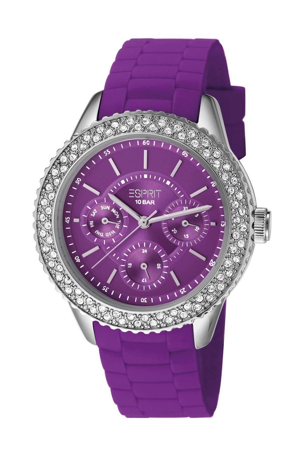 Multifunktionsuhr Damenuhr Analog Edelstahl Silikonband Silber Violett Datum ES106222005
