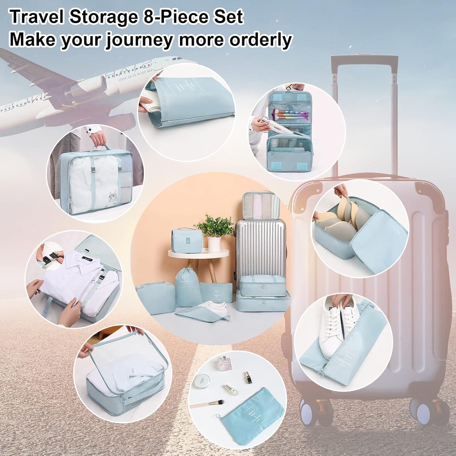 LA CUTE Kofferorganizer (Multifunktionales Koffer Organizer Set für Kleidung & Accessoires., 8-tlg., 8-teiliges Reise-Packwürfel Set mit Schuh- und Kosmetiktasche), Leicht, wasserabweisend, 8-teilig, atmungsaktiv mit Mesh-Oberseite.