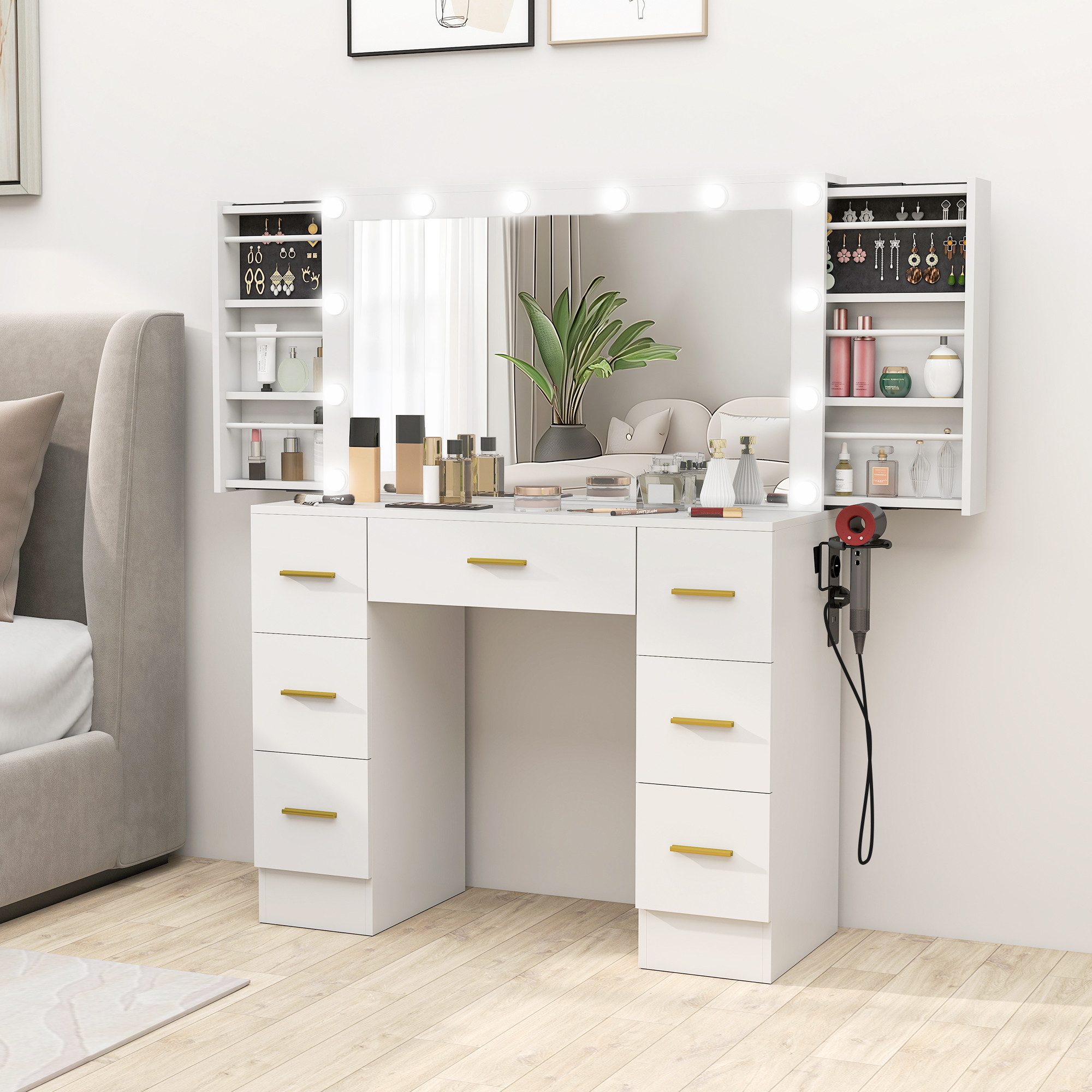 HOMCOM Schminktisch Schminktisch mit 12 LED-Leuchten, Kosmetiktisch mit Spiegel (Frisiertisch, 1-St., Kosmetiktisch), mit 7 Schubladen, 6 versteckten Schiebefächern, für Schlafzimmer, Weiß