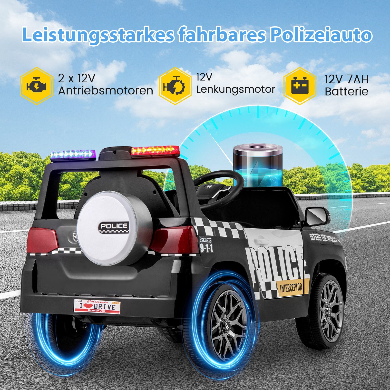 COSTWAY Elektro-Kinderauto, Belastbarkeit 30 kg, 12V Kinder-Polizeiauto mit Fernbedienung, Hupe, Musik