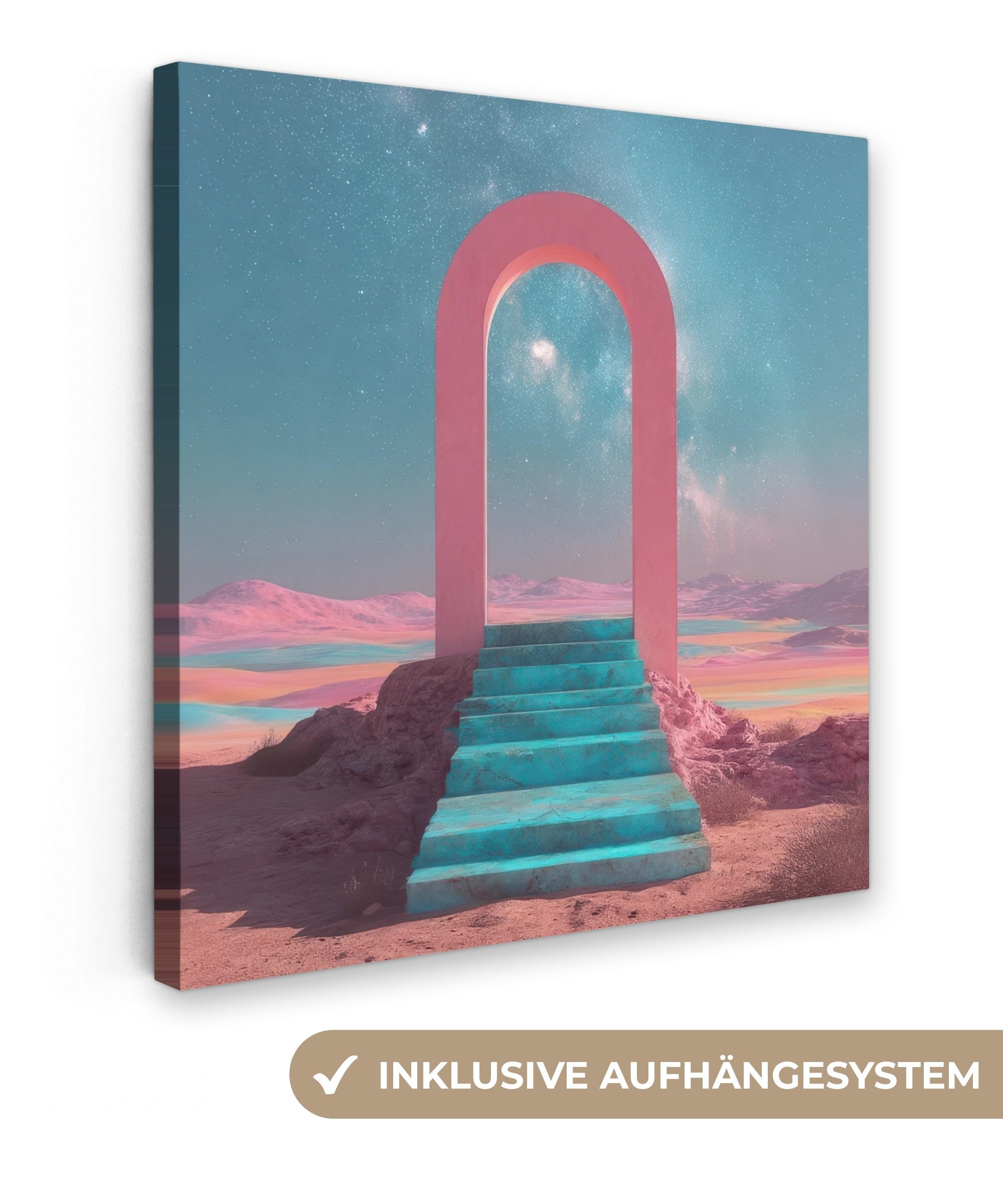 OneMillionCanvasses® Leinwandbild Treppe - Bogen - Sternenhimmel, Fotodruck (1 St), Wandbild, Deko Schlafzimmer Wohnzimmer Flur 20x20 cm