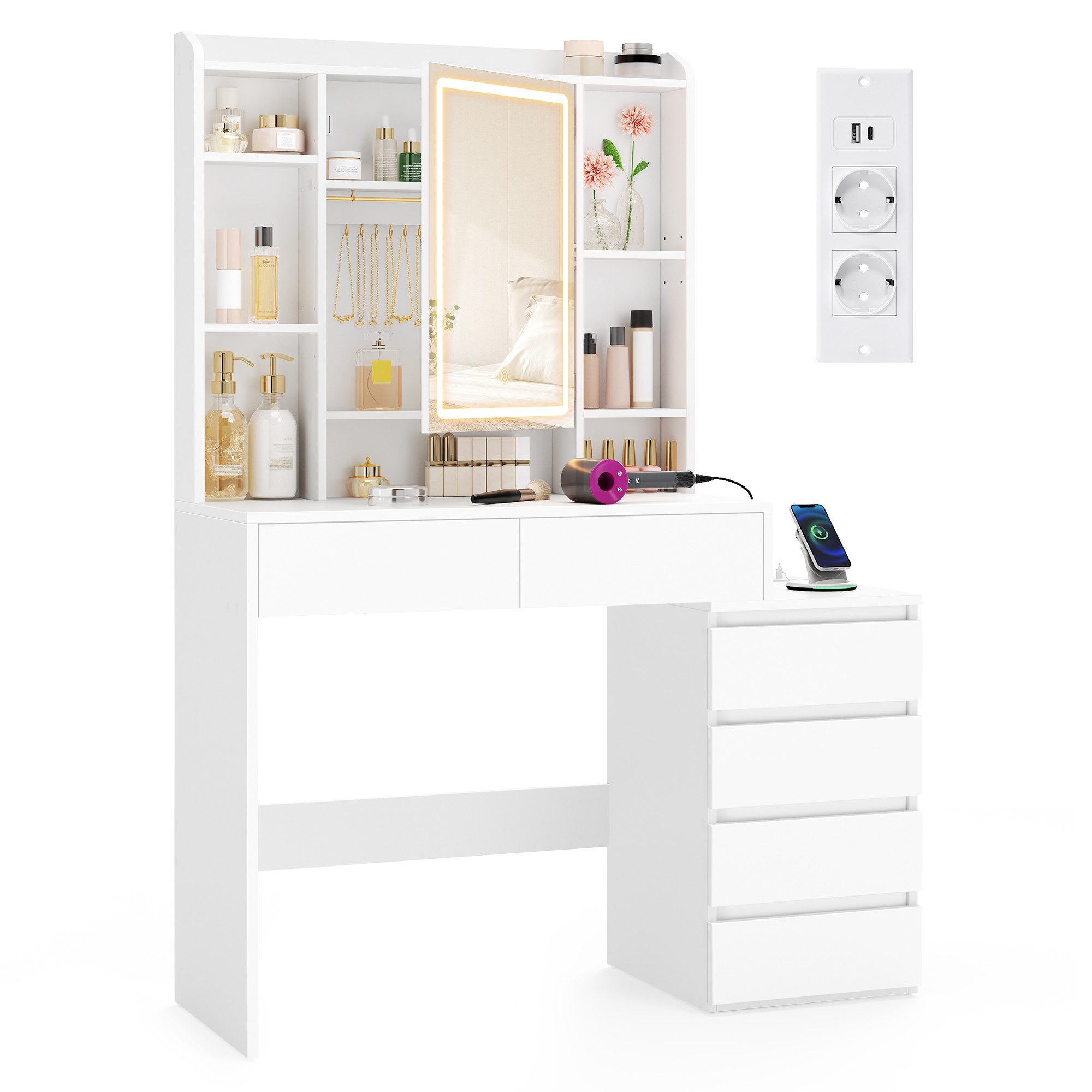 VASAGLE Schminktisch Frisiertisch mit Spiegel, Kosmetiktisch mit Schubladen (1 Tisch), 40 x 105 x 145 cm, mit LED-Beleuchtung, mit verstellbaren Ablagen – Bild 2 von 5