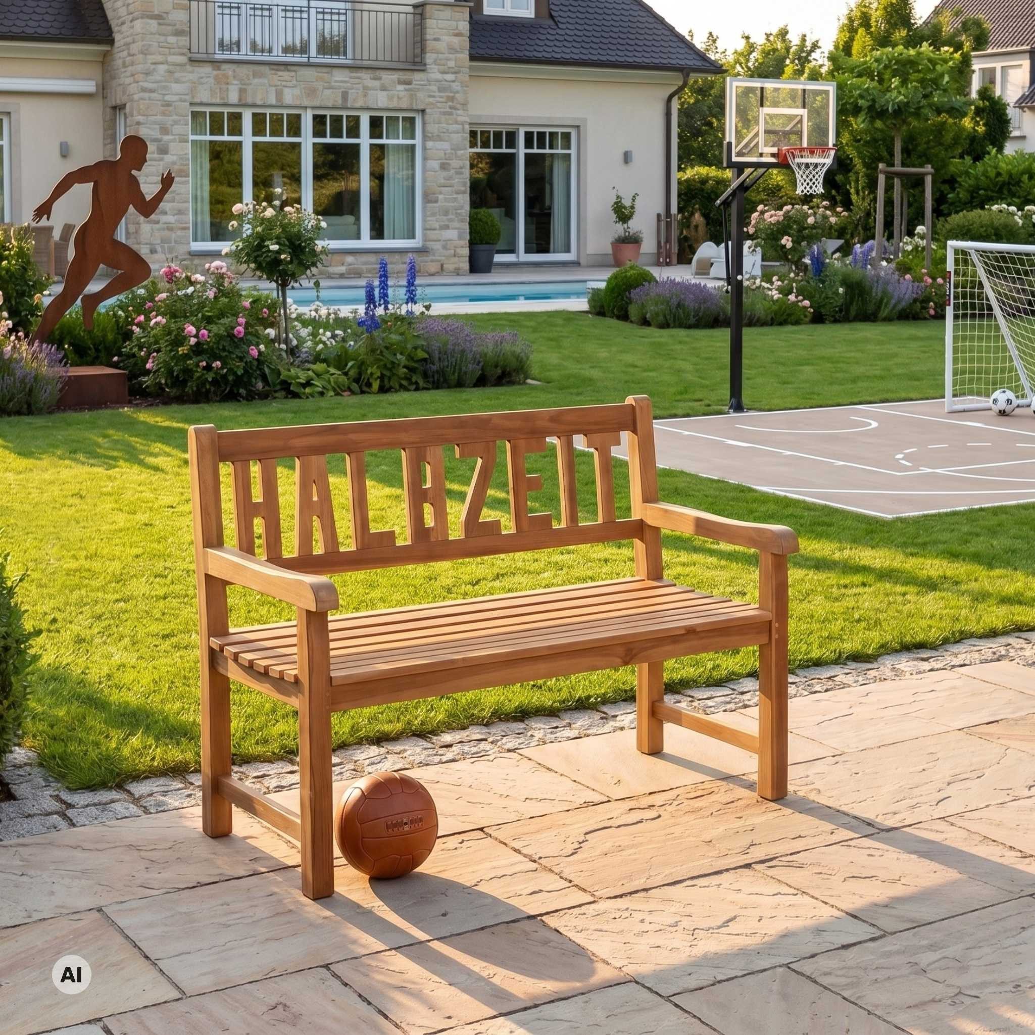 MR.DEKO Gartenbank Sitzbank Gartensitzbank wetterfest Halbzeit Teak 120 cm Outdoor Bank (2-Sitzer Bank, zerlegt geliefert, ideal für Terrasse, 1-St), Massive Sitzbank Garten und Balkon, 250 kg belastbar