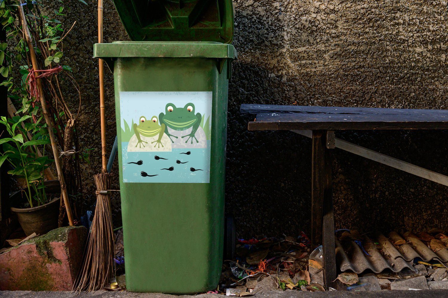 Wandsticker Mülleimer-aufkleber, Mülltonne, (1 St), Sticker, Stein Abfalbehälter - Frösche Wasser - Container, MuchoWow