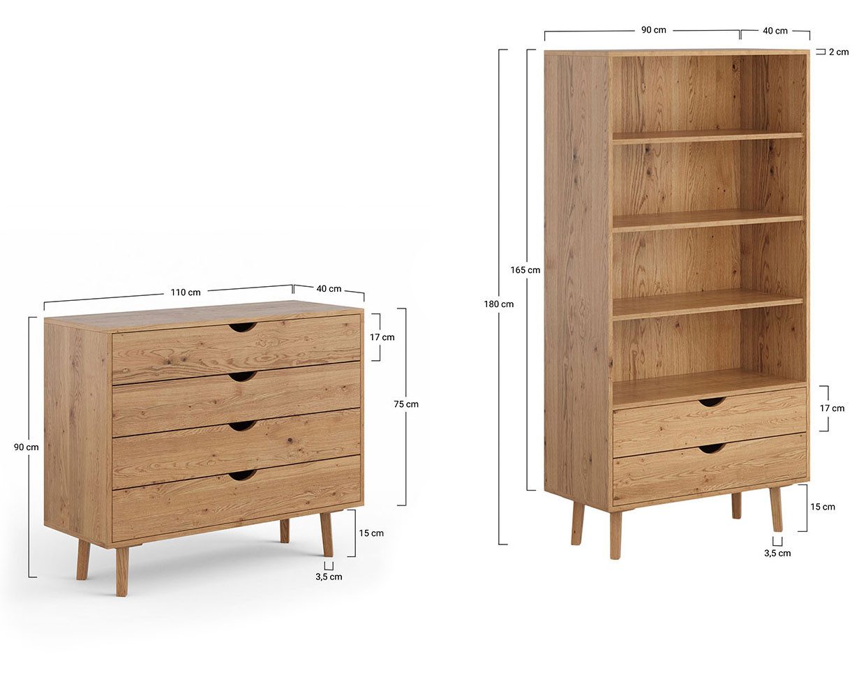 Feldmann-Wohnen Wohnwand Simona, (mit Schubladen, 2-St., Massivholz, geölte Oberfläche), 2-teilig Massivholz geölt Eiche Natur