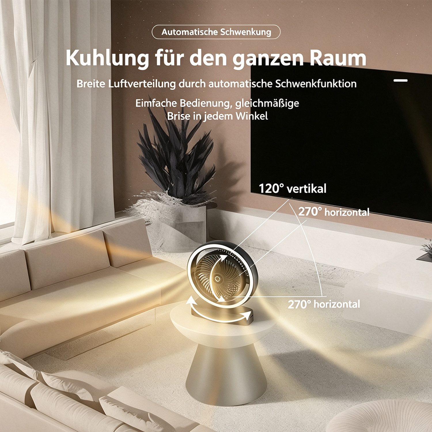 MOPUEA Tischventilator USB Tischventilator mit Nachtlicht, 270 Automatische Schwenkfunktion, 3 Stufen, Leiser Betrieb, für Schlafzimmer, Wohnheim und Büro