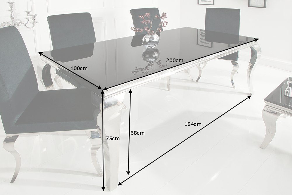 riess-ambiente Esstisch MODERN · 200cm / schwarz · BAROCK Esszimmer schwarz (1-St), Edelstahl Opalglas schwarz · | eckig silber