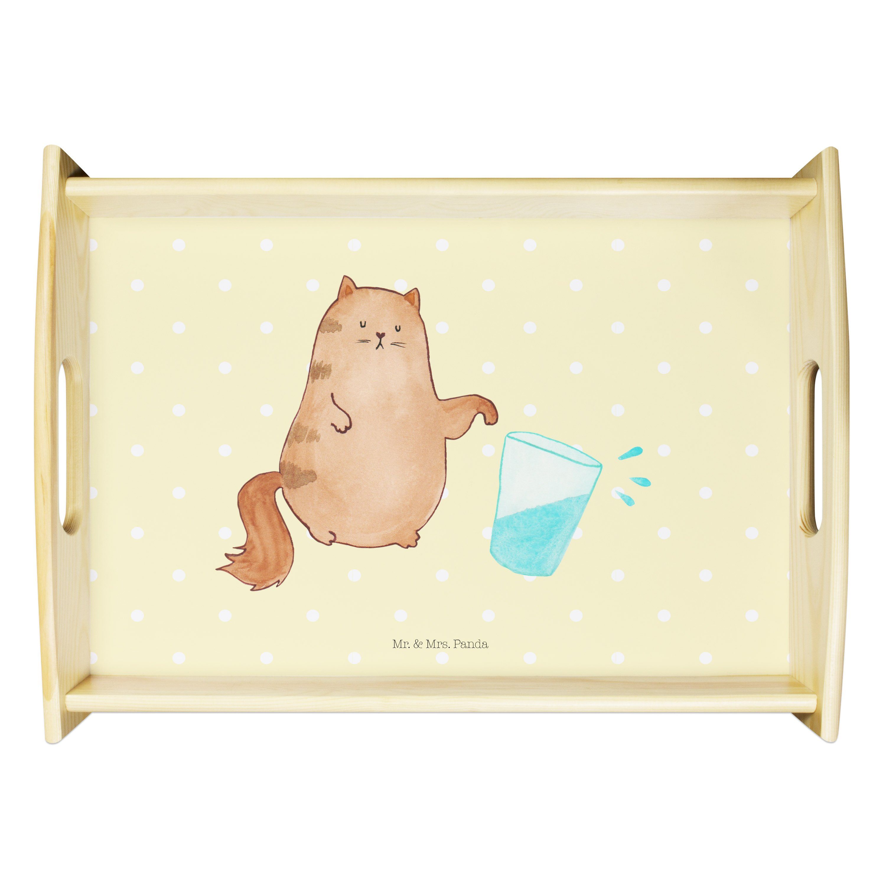Mr. & Mrs. Panda Tablett Katze Wasserglas - Gelb Pastell - Geschenk, Katzenhalter, Miau, Holz, Echtholz lasiert, (1-tlg)